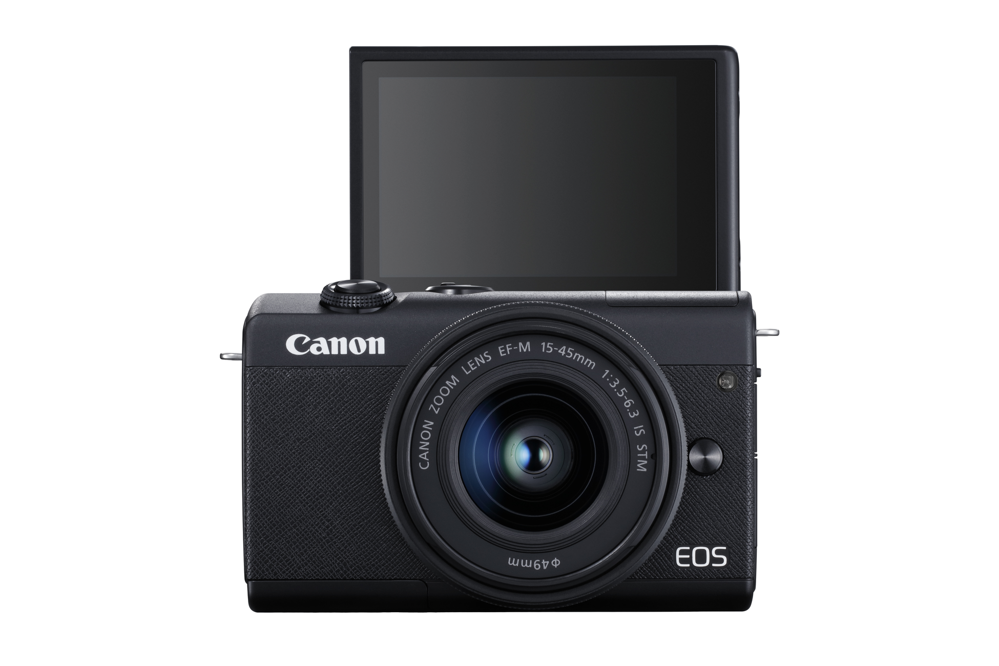Zwarte Canon camera, lens uitgeschoven, scherm open. 'Canon', 'EOS' en lensdetails zichtbaar.