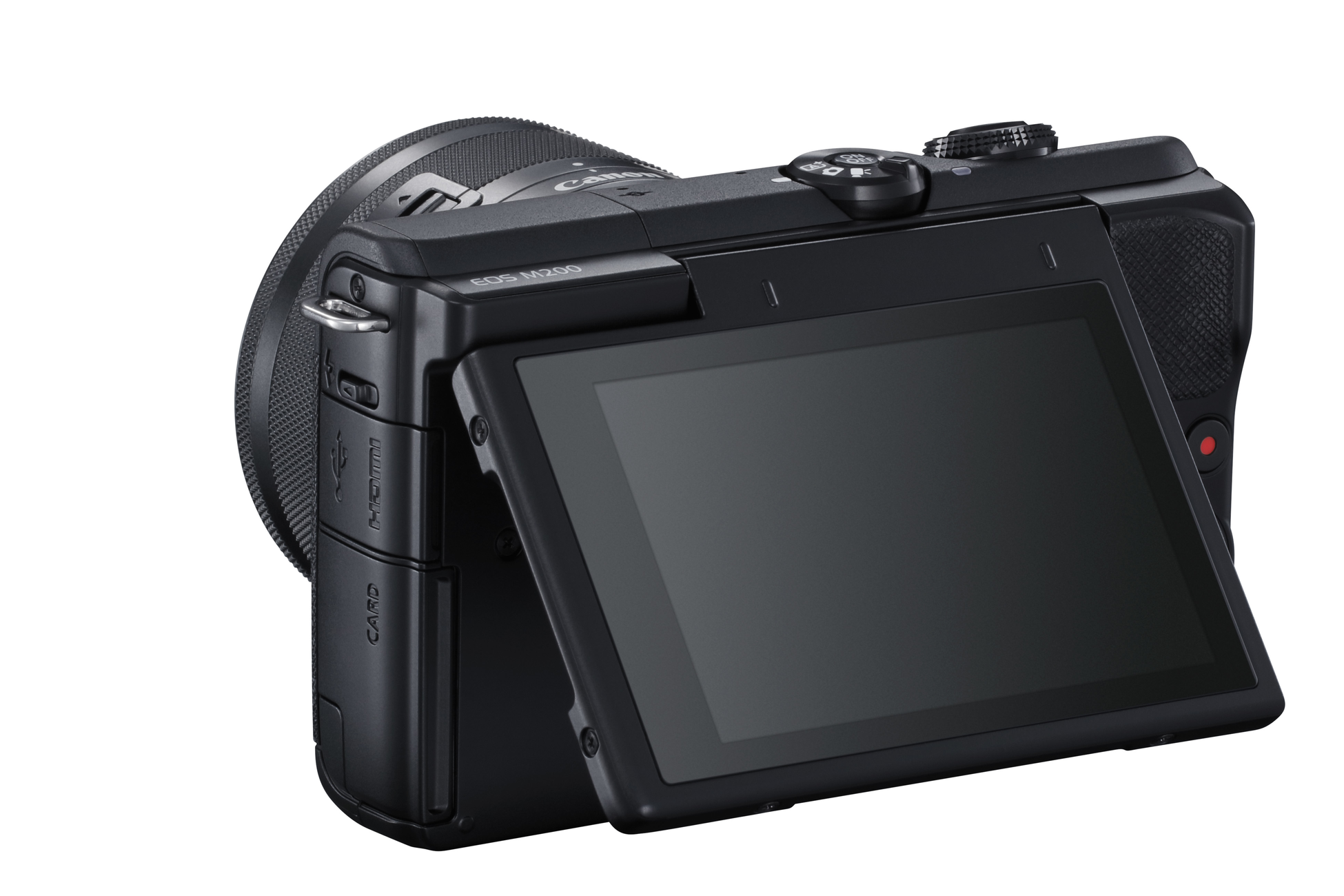 Zwarte Canon camera met een scherm dat opzij openstaat, op een witte achtergrond.