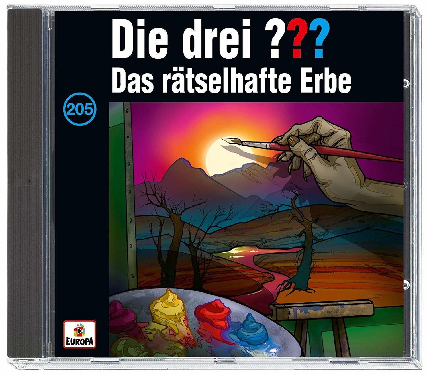 CD-Cover für 'Die drei ???' mit einer Gemäldeszene und einer Hand beim Malen.
