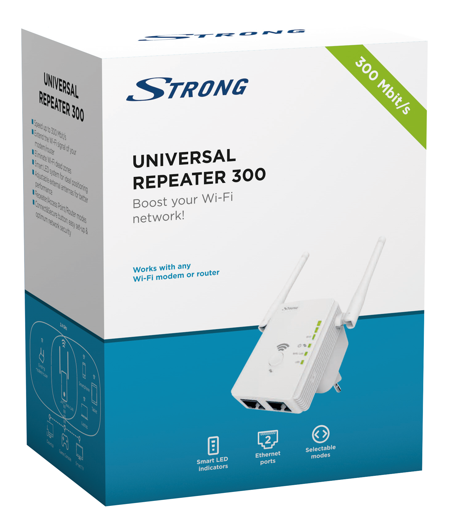 Fehér és fekete univerzális Wi-Fi jelerősítő a dobozában.
