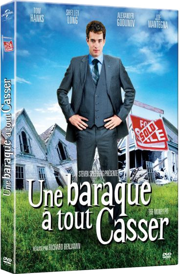 Couverture de film en français, avec Tom Hanks et d'autres acteurs, et des maisons avec des panneaux 'À vendre'.