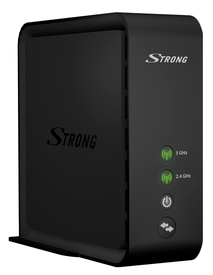 Fekete router logókkal. Két zöld fény. Fekete háttér.