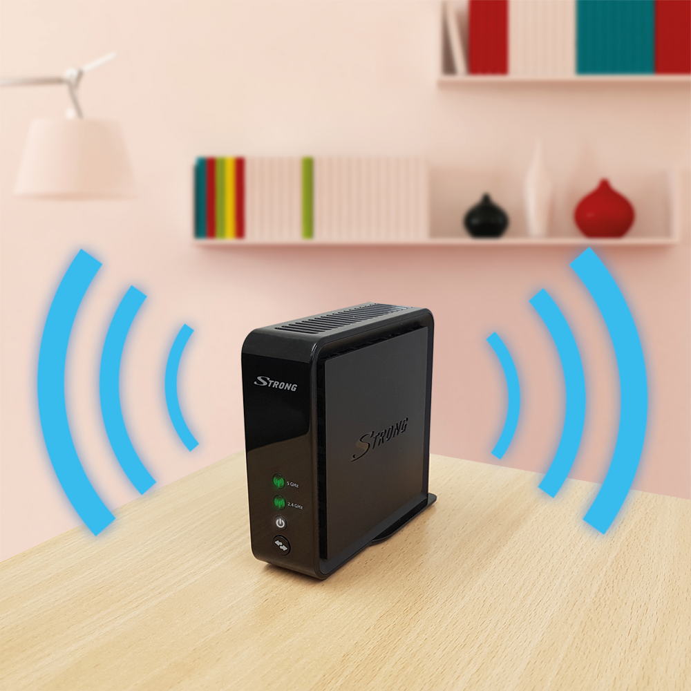 Fekete router egy asztalon, világos háttérrel. Kék wifi jelek láthatók.