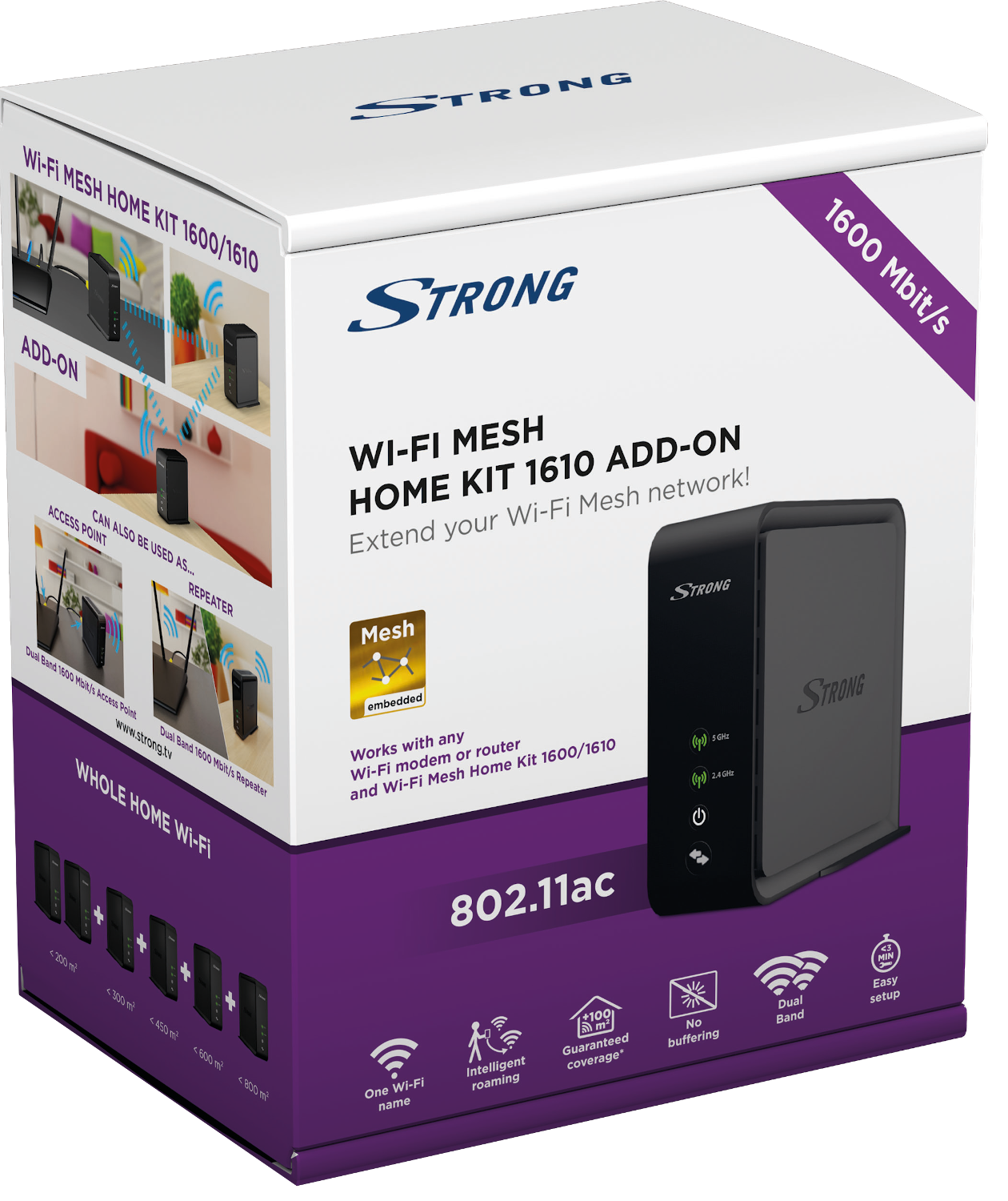 Egy Strong Wi-Fi Mesh Home Kit doboza, termékadatokkal.