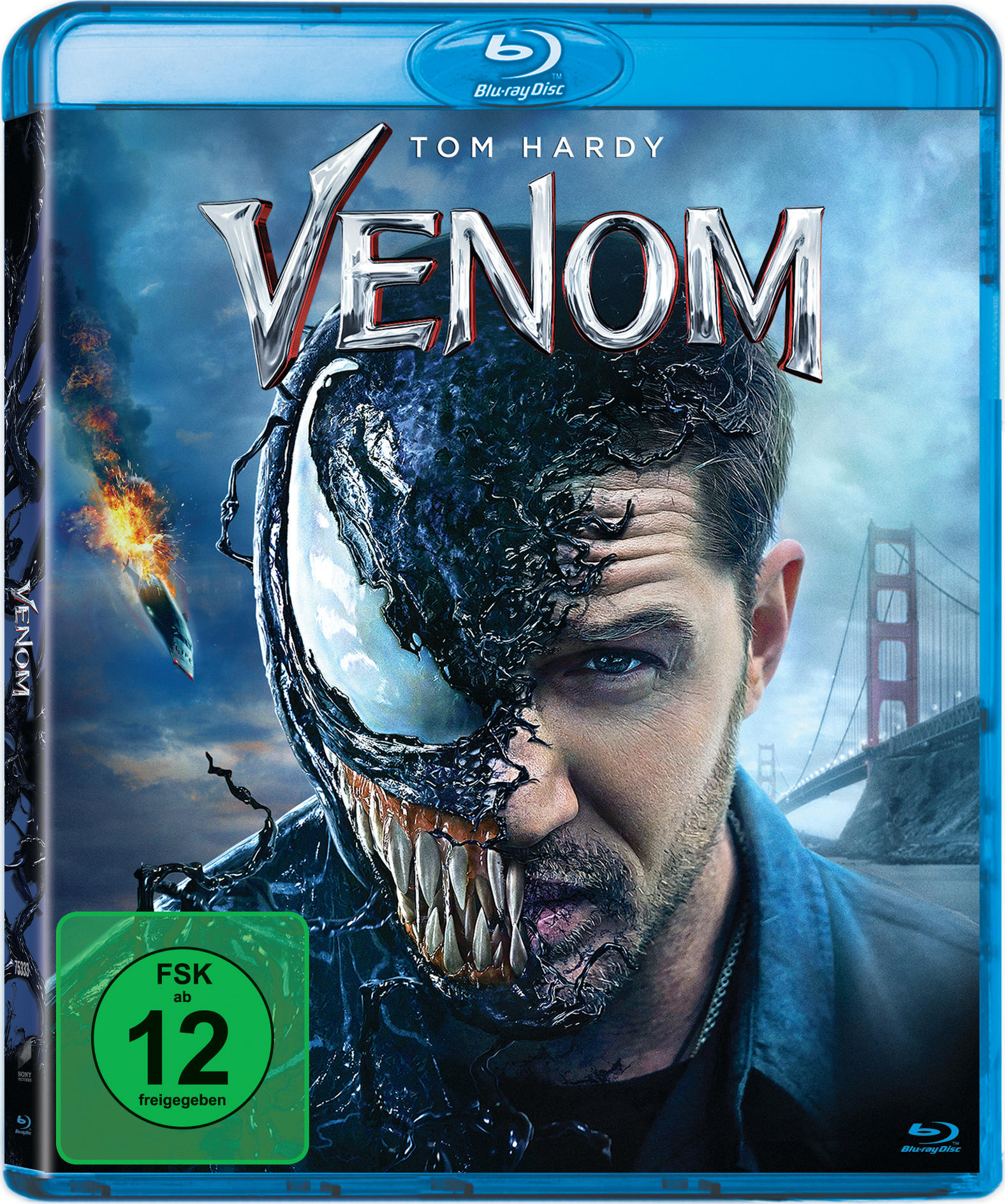 Venom Blu-ray-Cover mit Tom Hardy. Das Cover zeigt Venoms Gesicht, geteilt mit dem Symbionten.