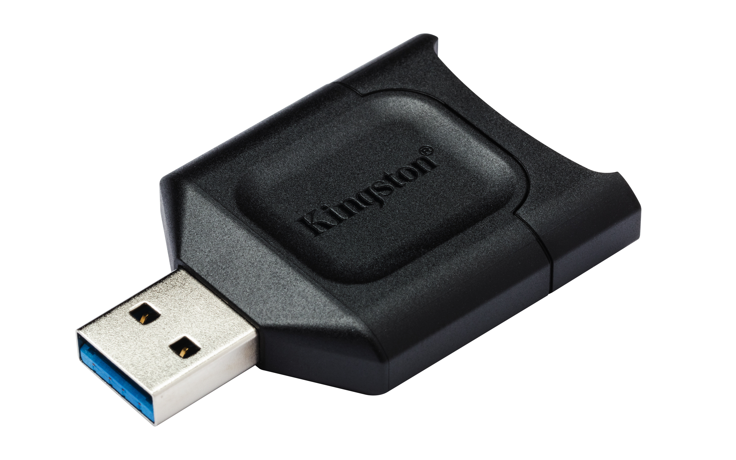 Schwarzer Kingston USB-Kartenleser. Es hat einen USB-Anschluss und einen Steckplatz für eine Speicherkarte.
