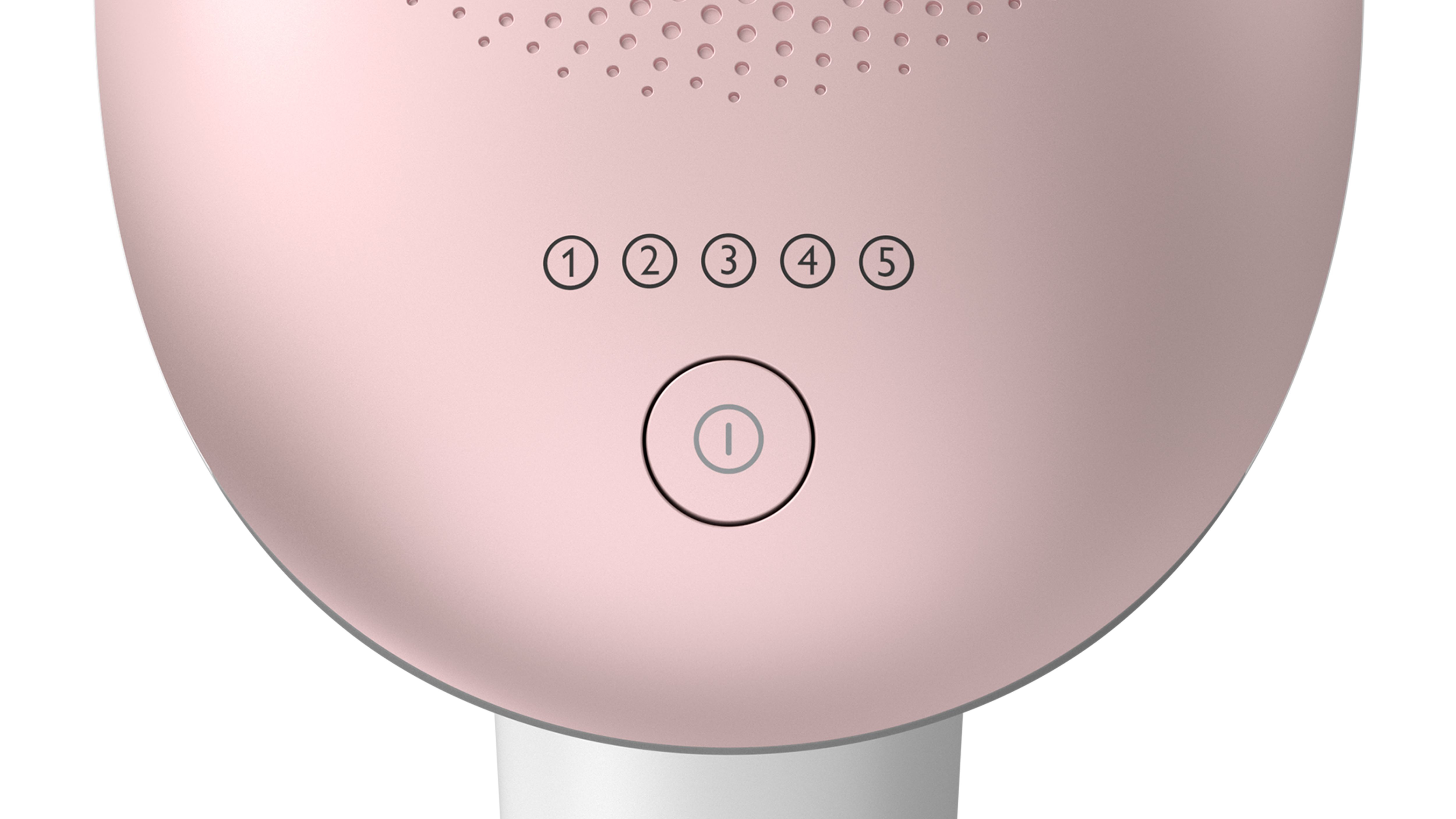 Pink hair styling device with power and setting buttons. Buttons are numbered 1 to 5.