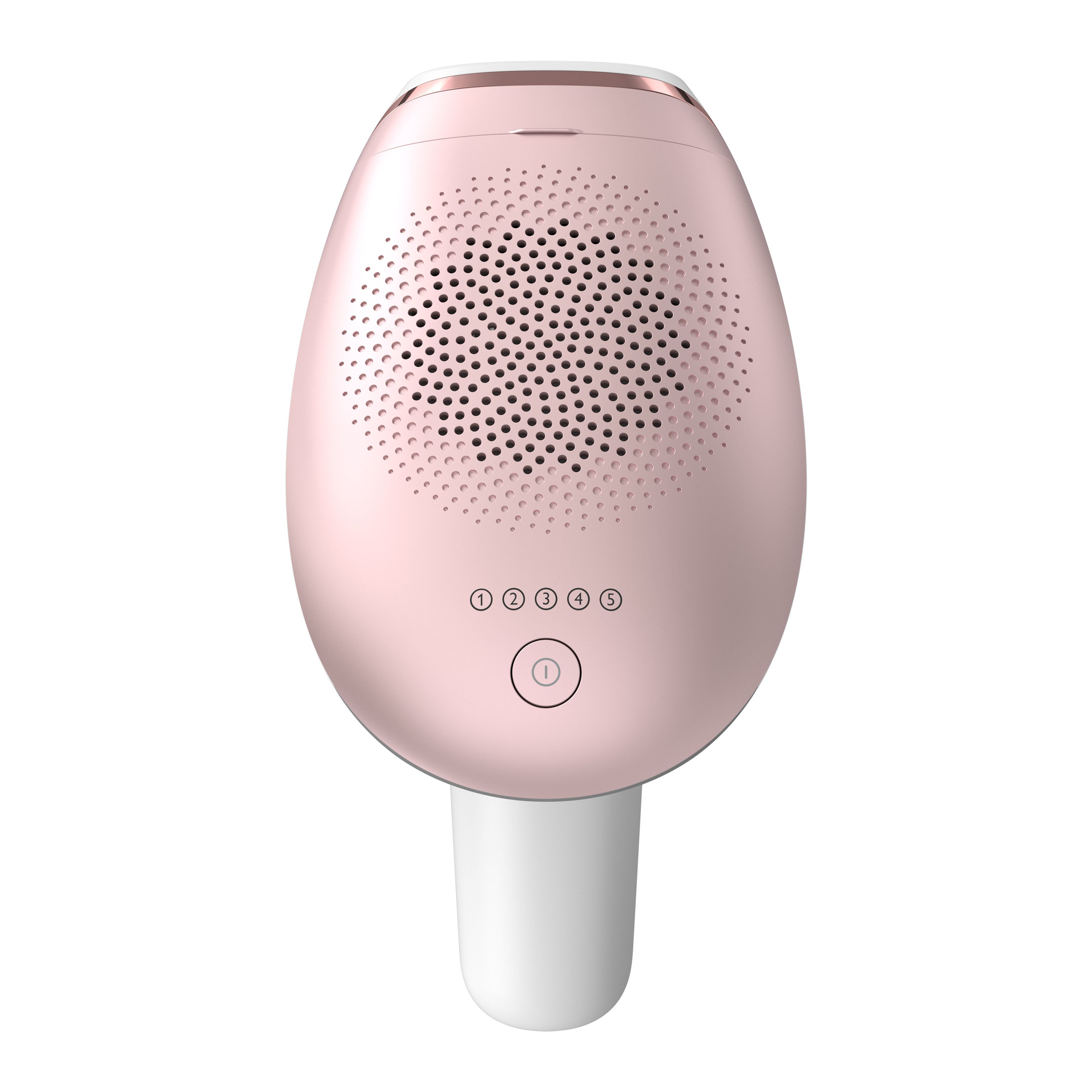 A rose-gold hair removal device with five buttons and a white handle.