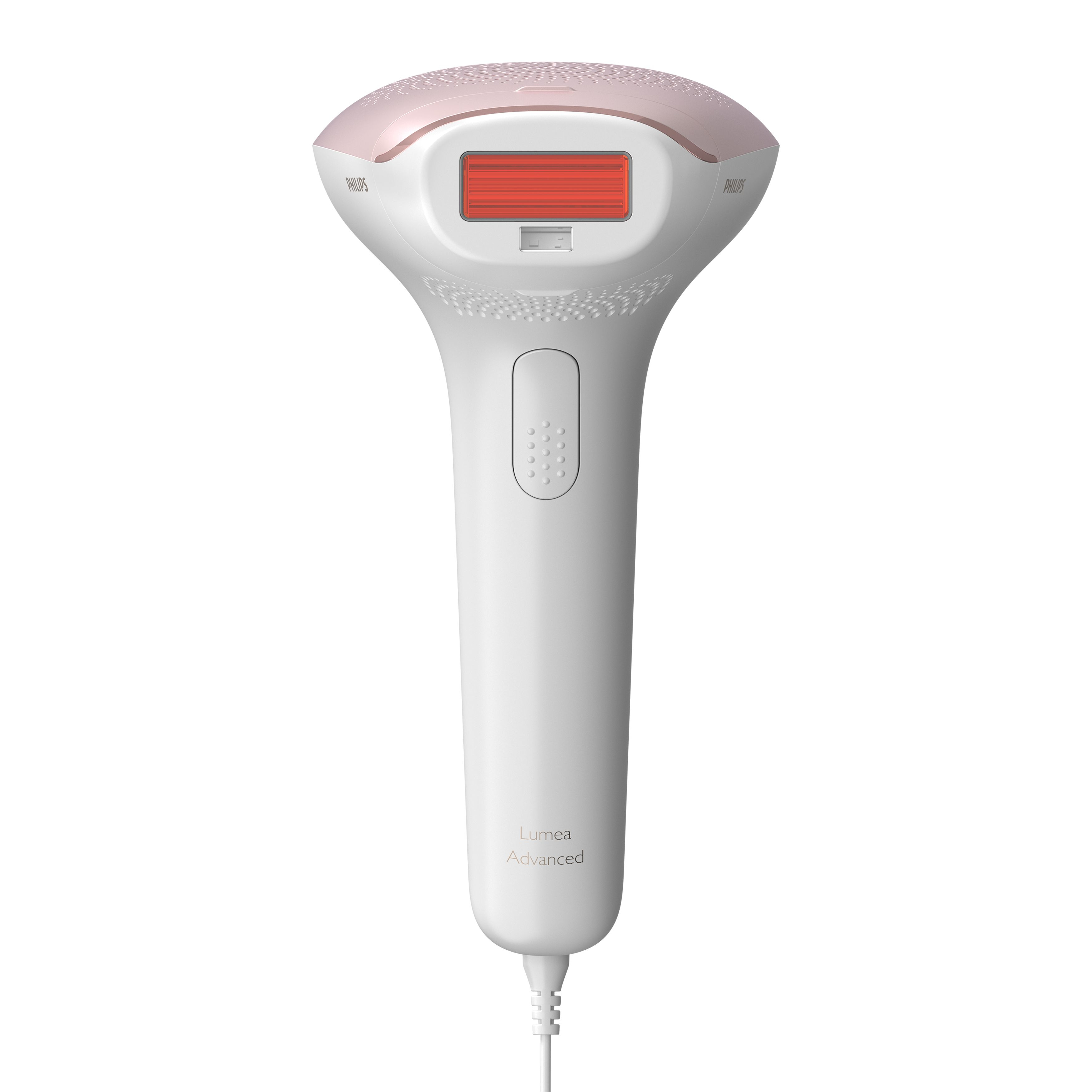 Philips Lumea hair removal device, white body with a pink head.