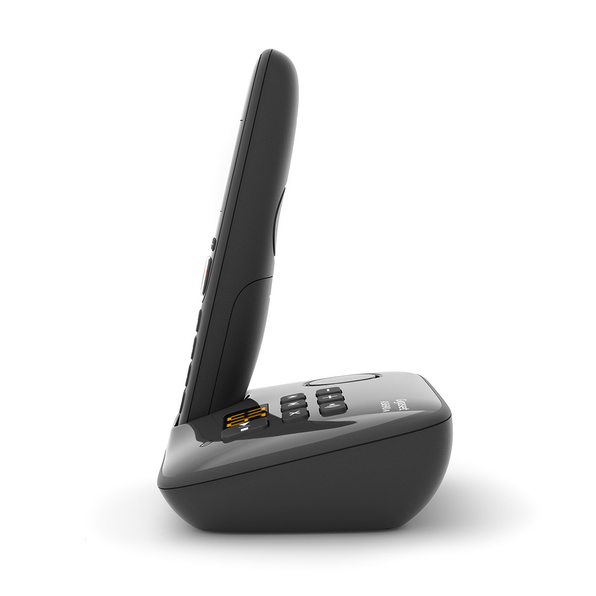 Schnurloses schwarzes Telefon mit Basis, Seitenansicht.