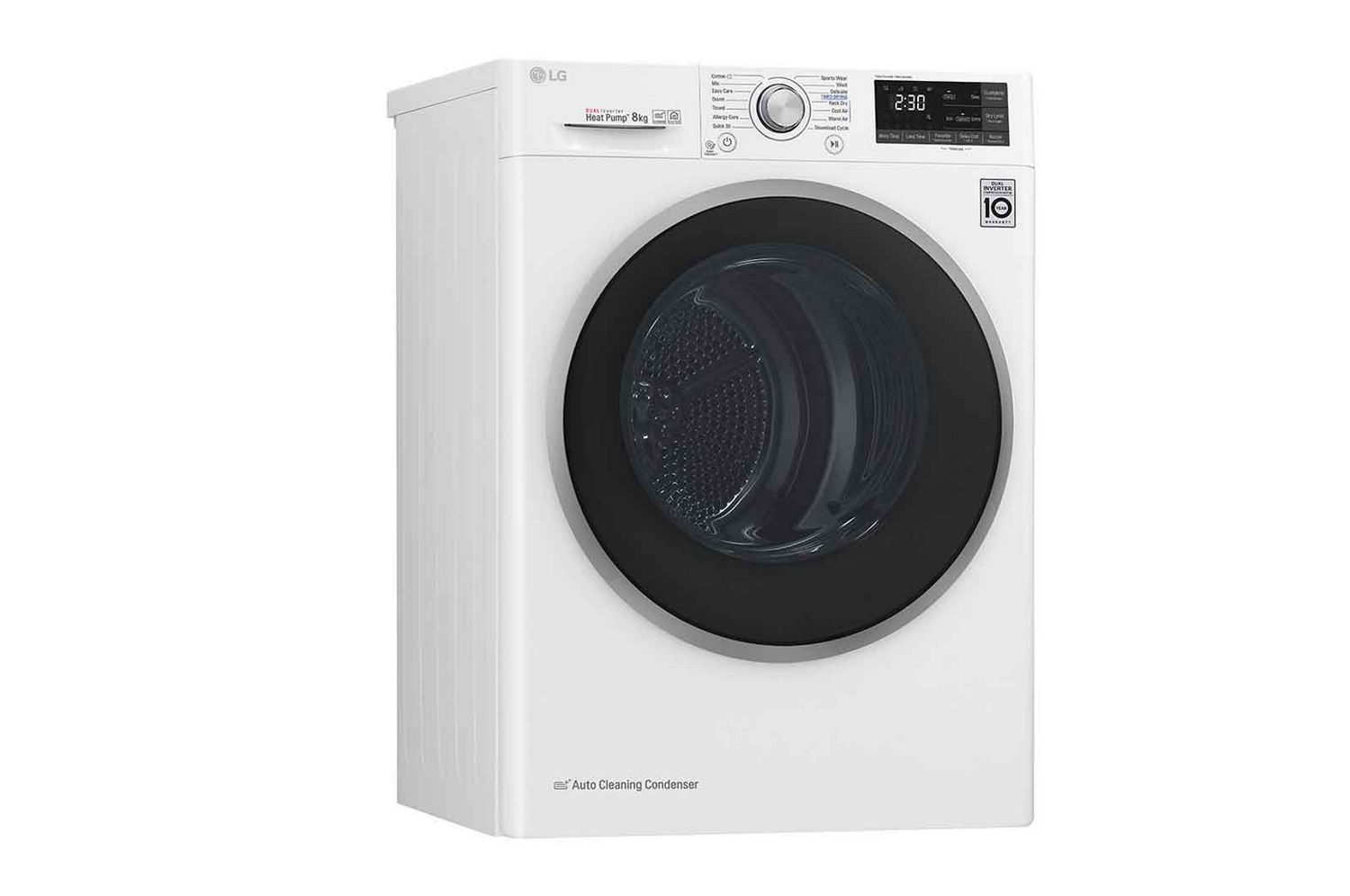 Una secadora LG blanca con puerta negra y pantalla digital. La secadora está sobre fondo blanco.