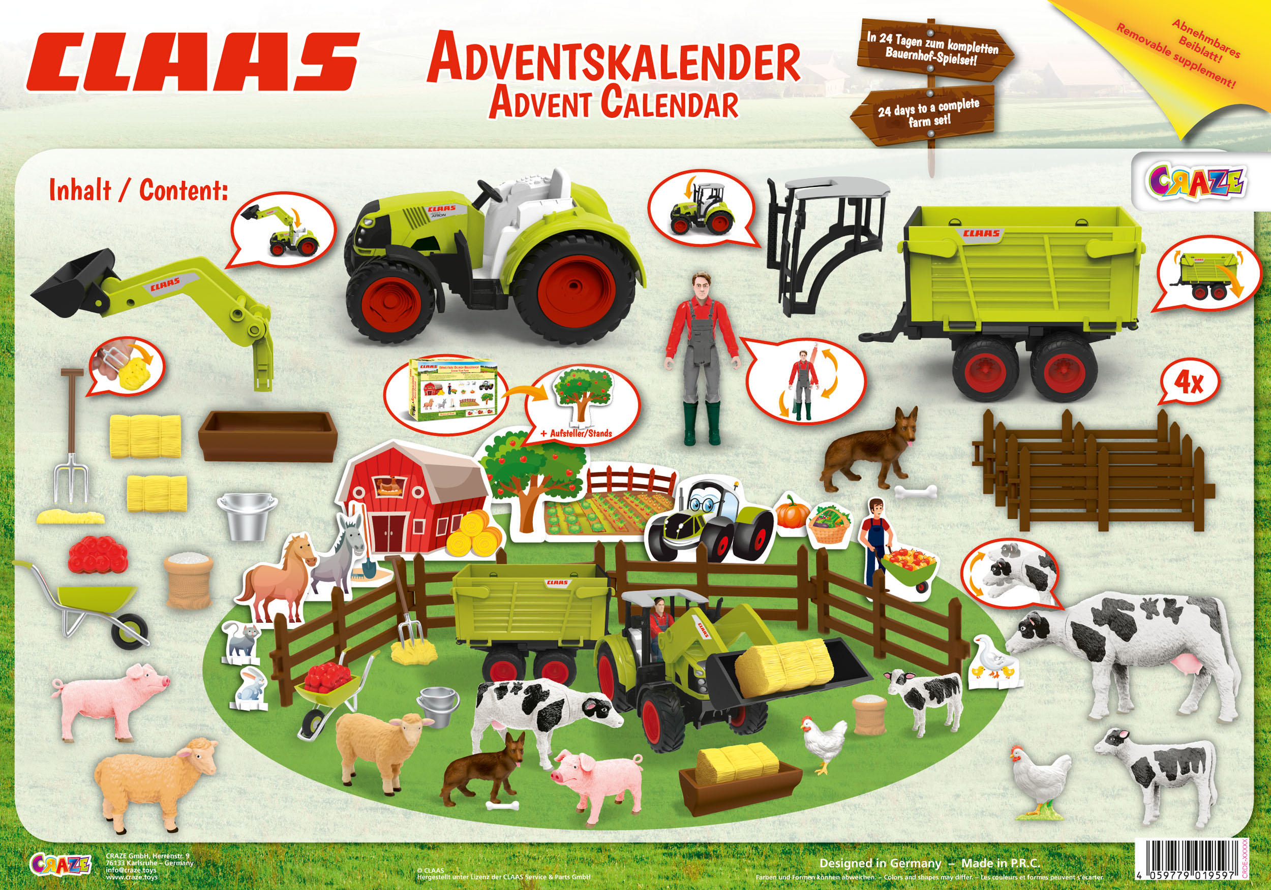 Ein CLAAS Adventskalender-Set mit Spielzeug für den Bauernhof, einschließlich Traktoren und Tieren.