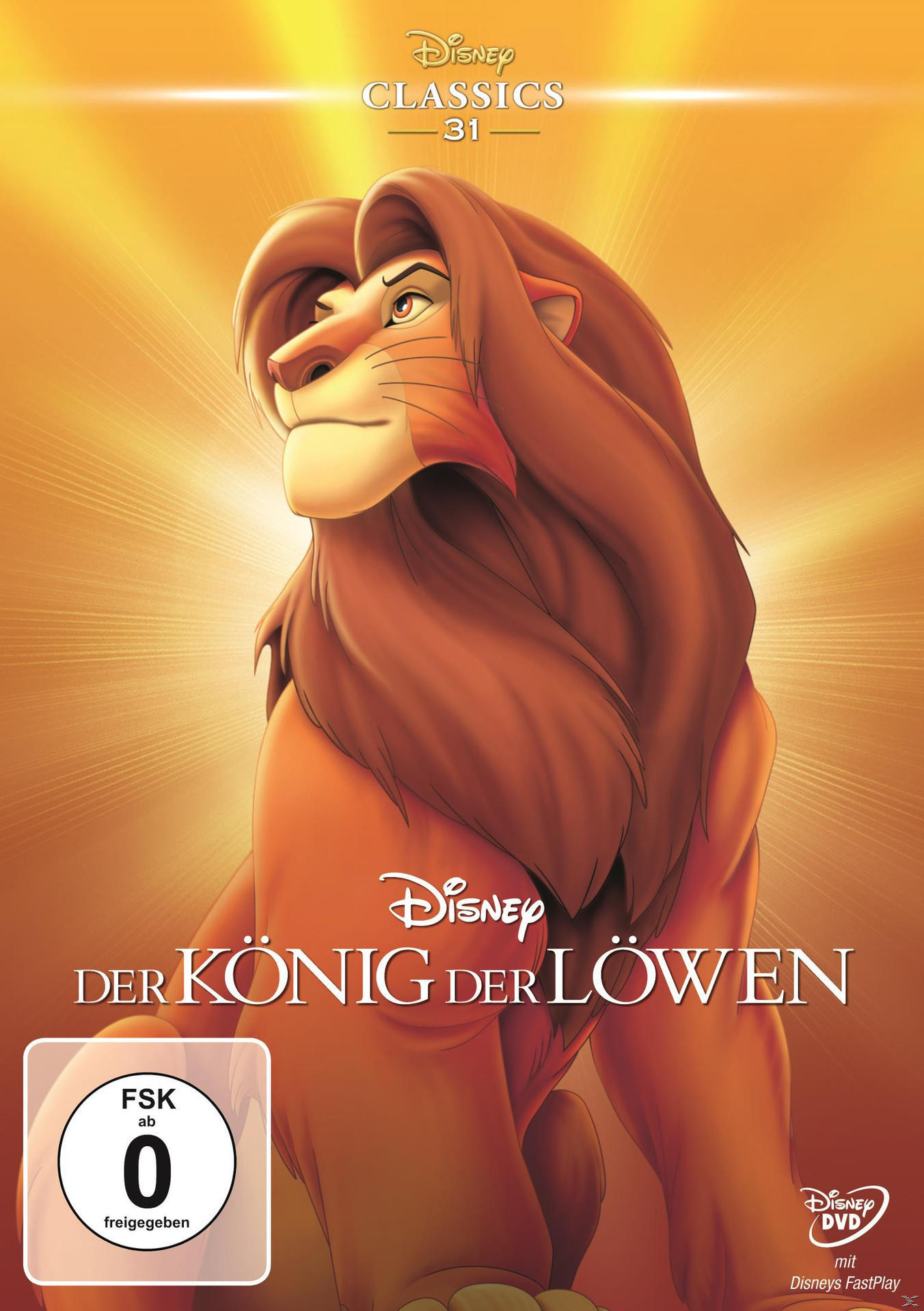 DVD-Cover von Disneys Der König der Löwen mit dem Löwen Simba. Gelber Hintergrund.
