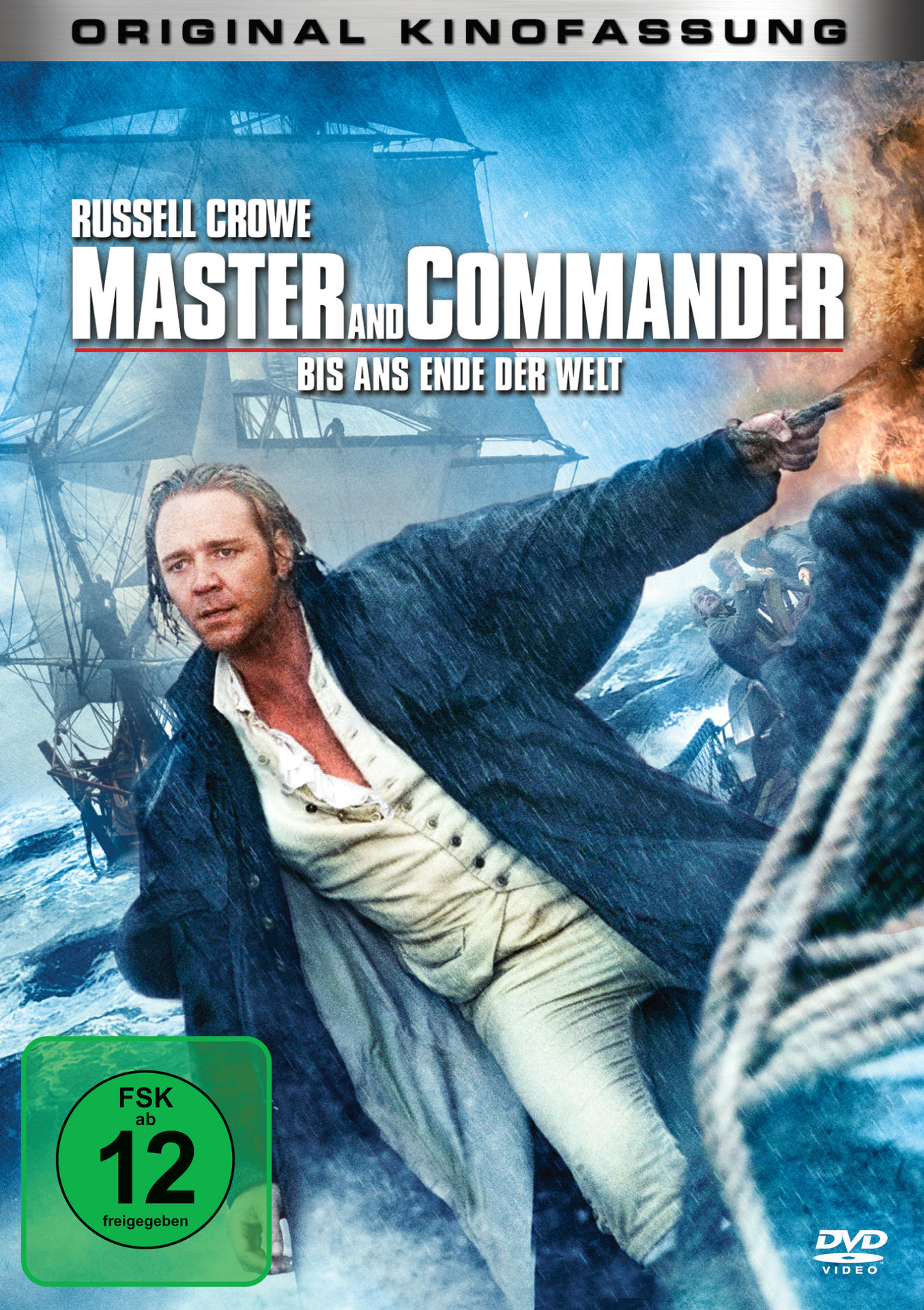 DVD-Cover von 'Master and Commander' mit Russell Crowe. Ein Schiff und das Meer im Hintergrund.