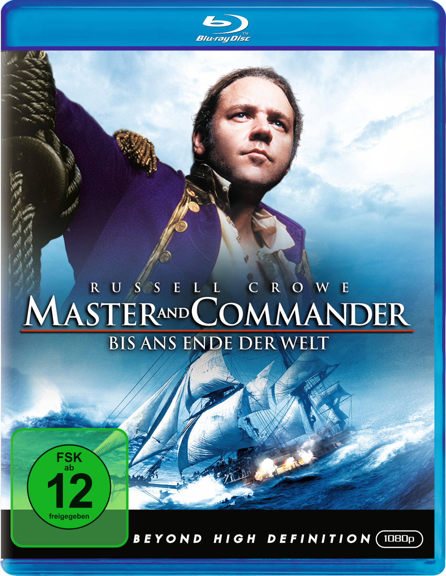 DVD-Cover: Master and Commander, Mann in Uniform an Deck, Schiff im Meer.