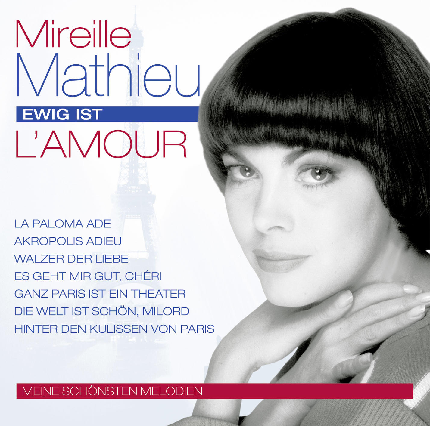 Albumcover mit Mireille Mathieu. Ihr Bild ist neben französischem Text und dem Eiffelturm.