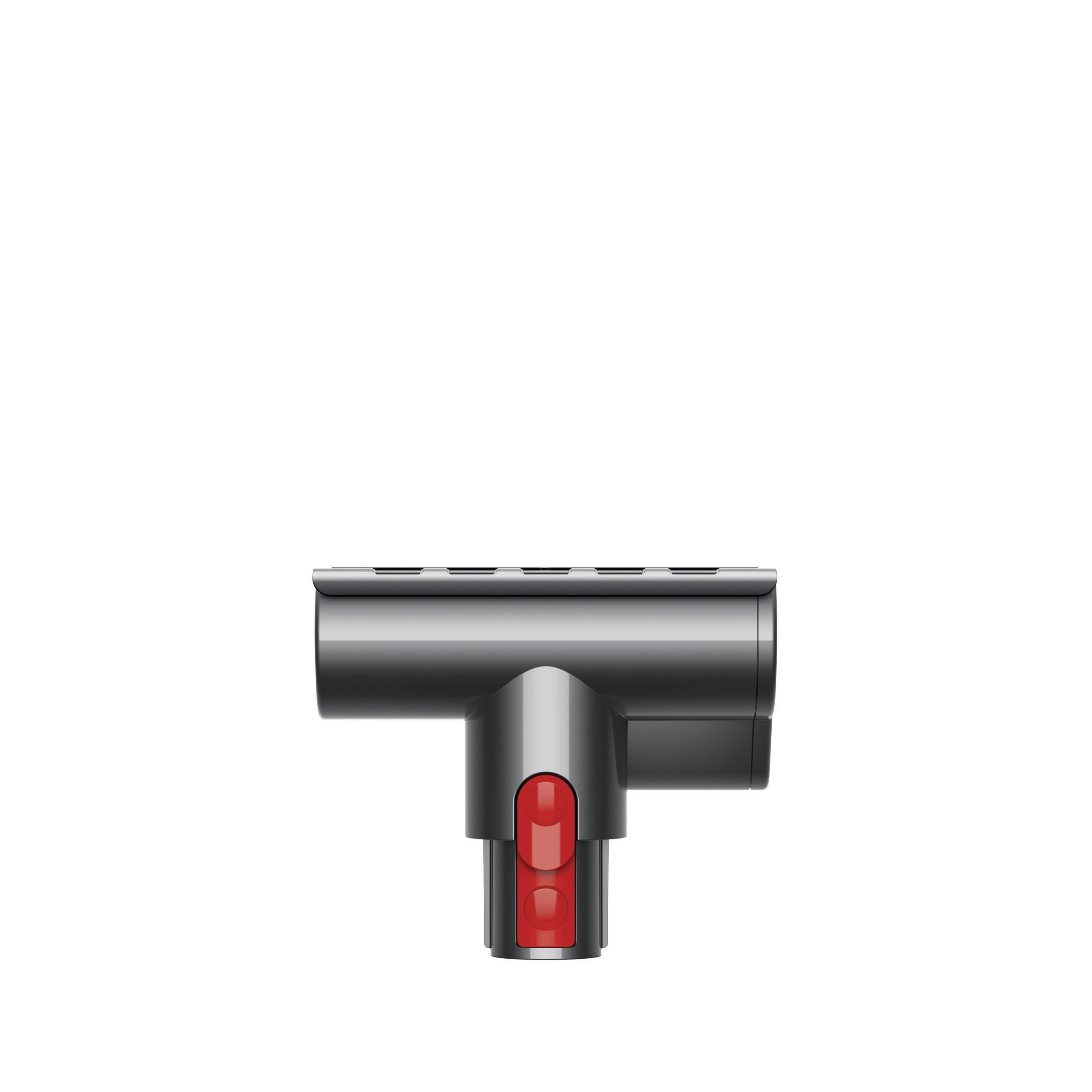 Ein grauer Dyson-Staubsaugerkopf mit roten Knöpfen. Es ist ein T-förmiger Aufsatz.
