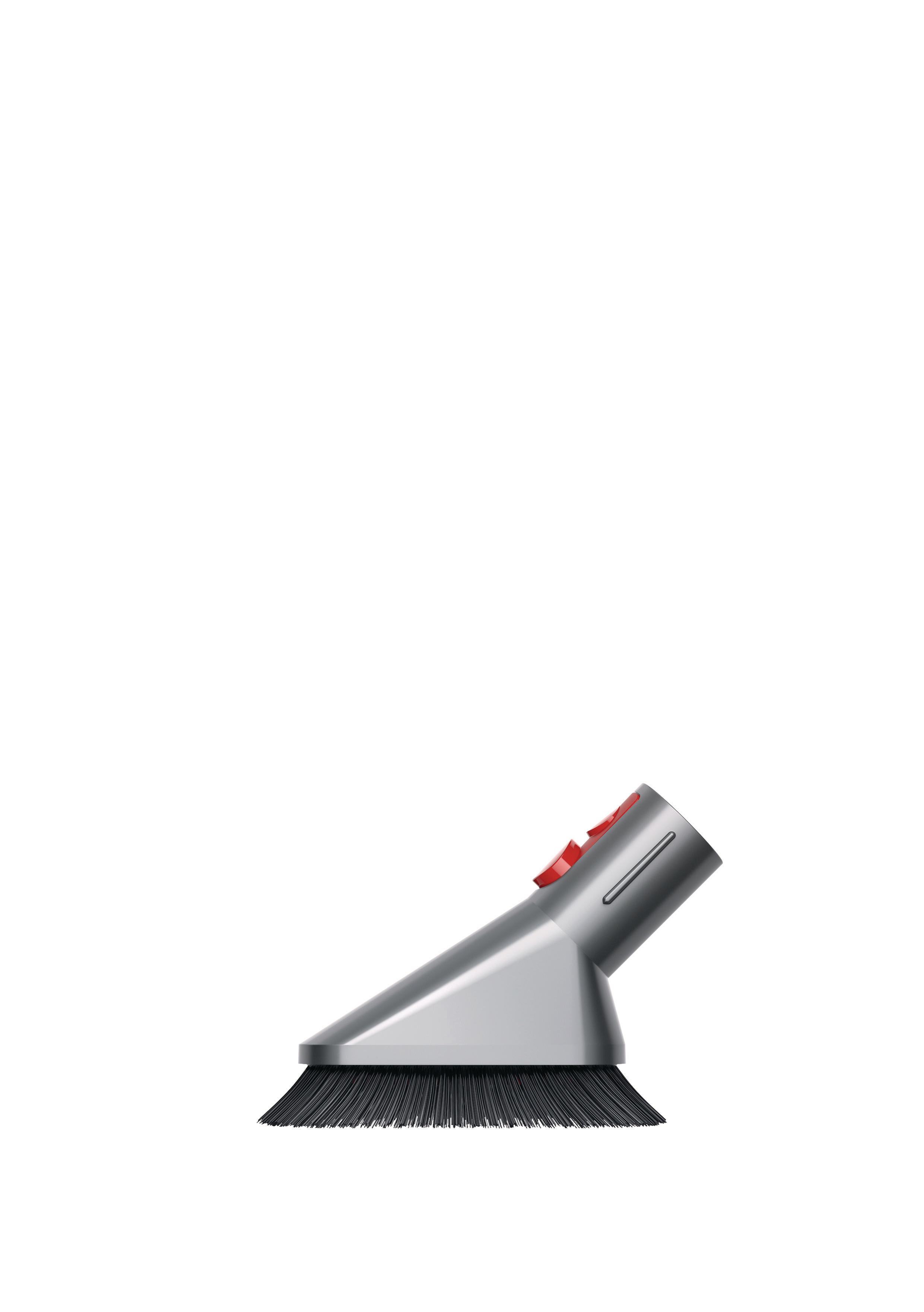 Staubsaugeraufsatz. Silber und schwarz, abgewinkeltes Design, Bürstenkopf.
