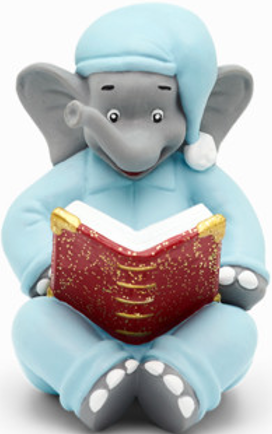 Ein Elefant im Pyjama liest ein rotes Buch mit goldener Schrift. Er sitzt im Schneidersitz.