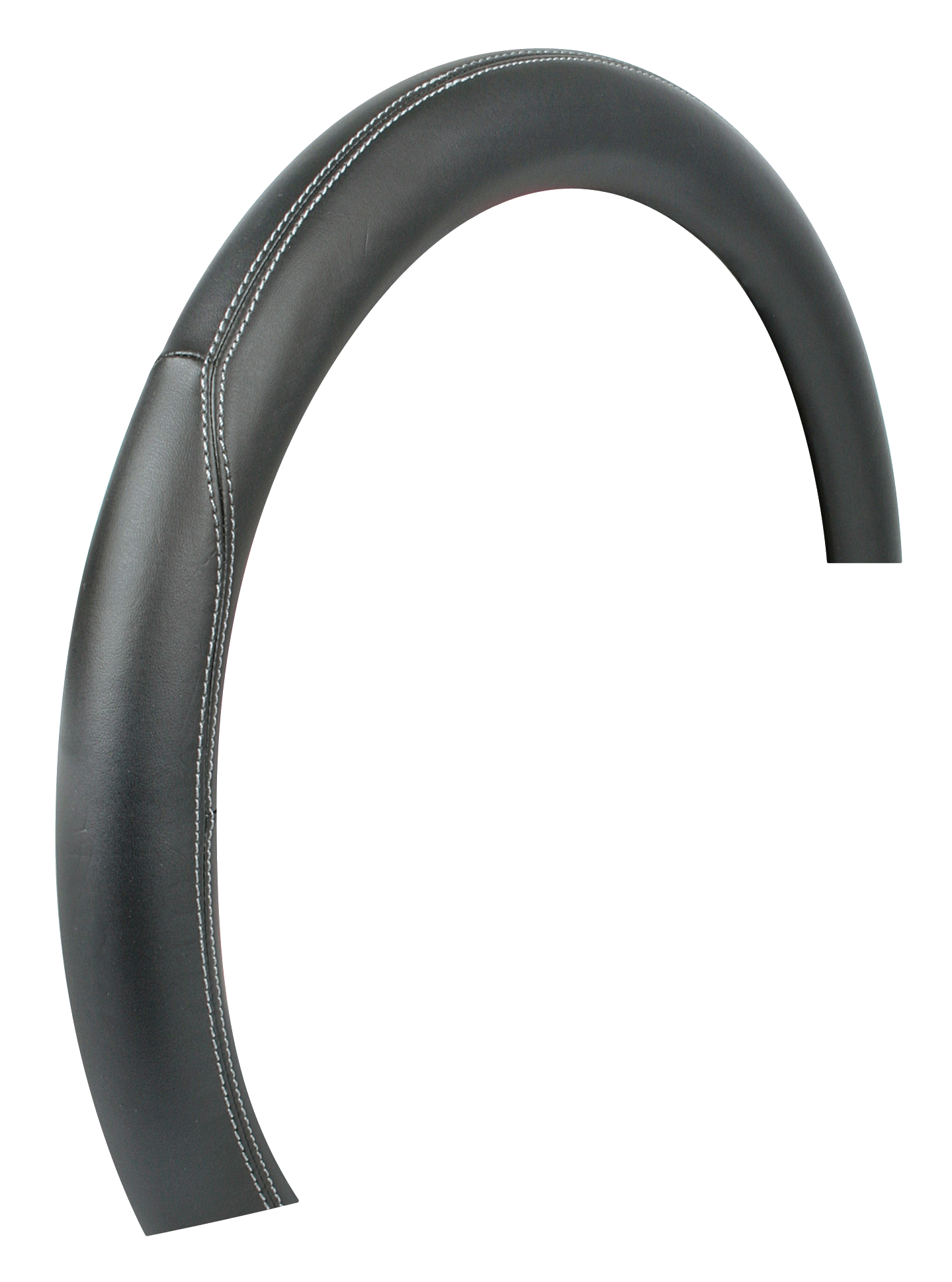 Fekete kormánykerék-borítás fehér varrással. Kör alakú.