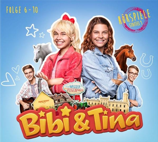 Bibi & Tina Cover-Art. Zwei Mädchen und zwei Jungen mit Pferden. Cartoon-Stil-Illustration.