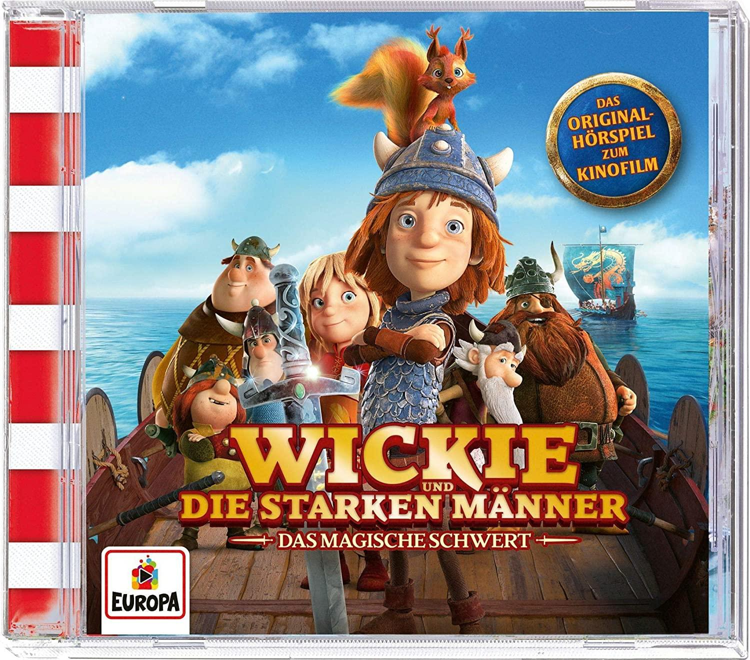 Cartoon-CD-Cover von 'Wickie und die starken Männer'. Figuren auf einem Boot und Wikingerschiff im Hintergrund.