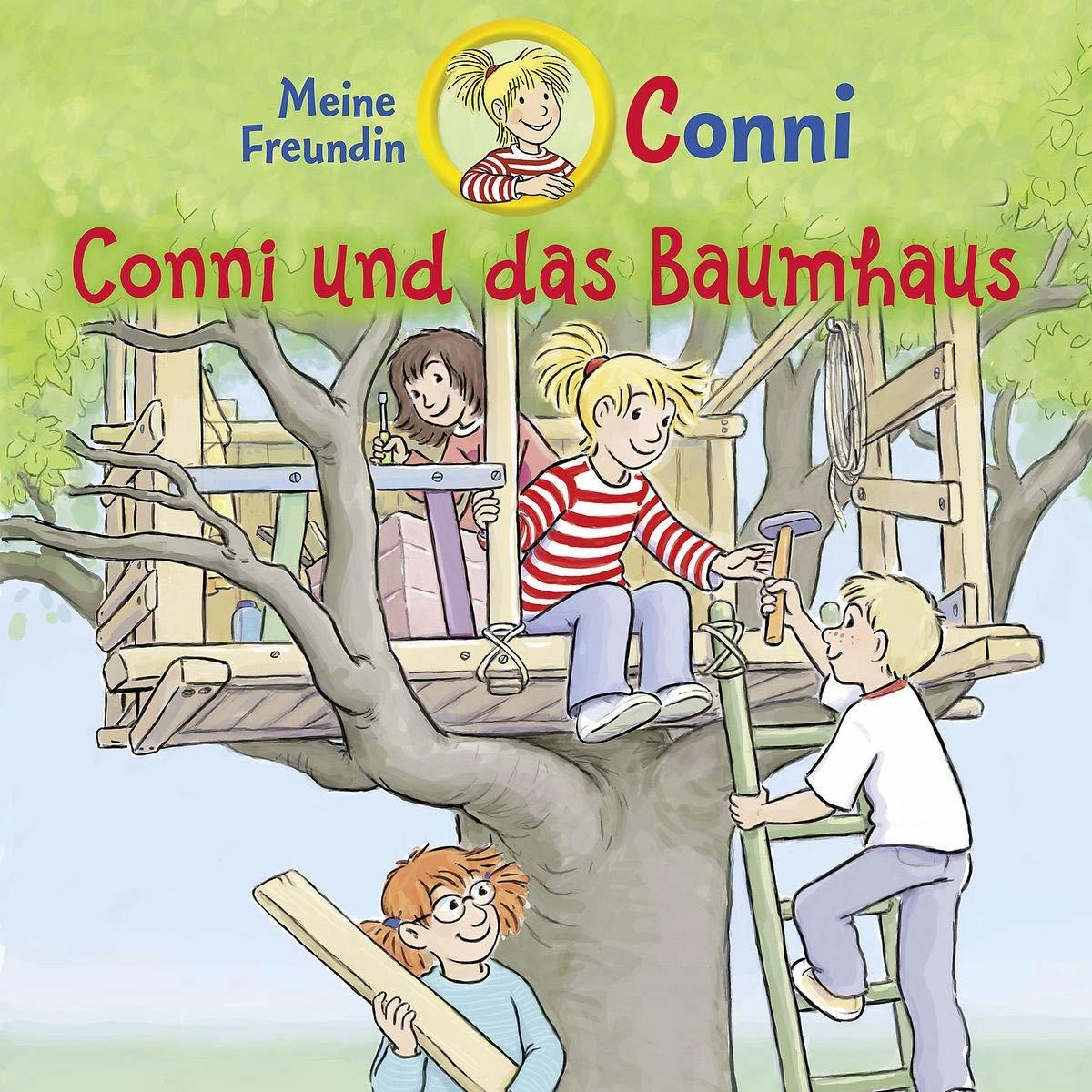 Buchcover: 'Conni und das Baumhaus'. Enthält Cartoon-Illustrationen von Kindern, die ein Baumhaus bauen.