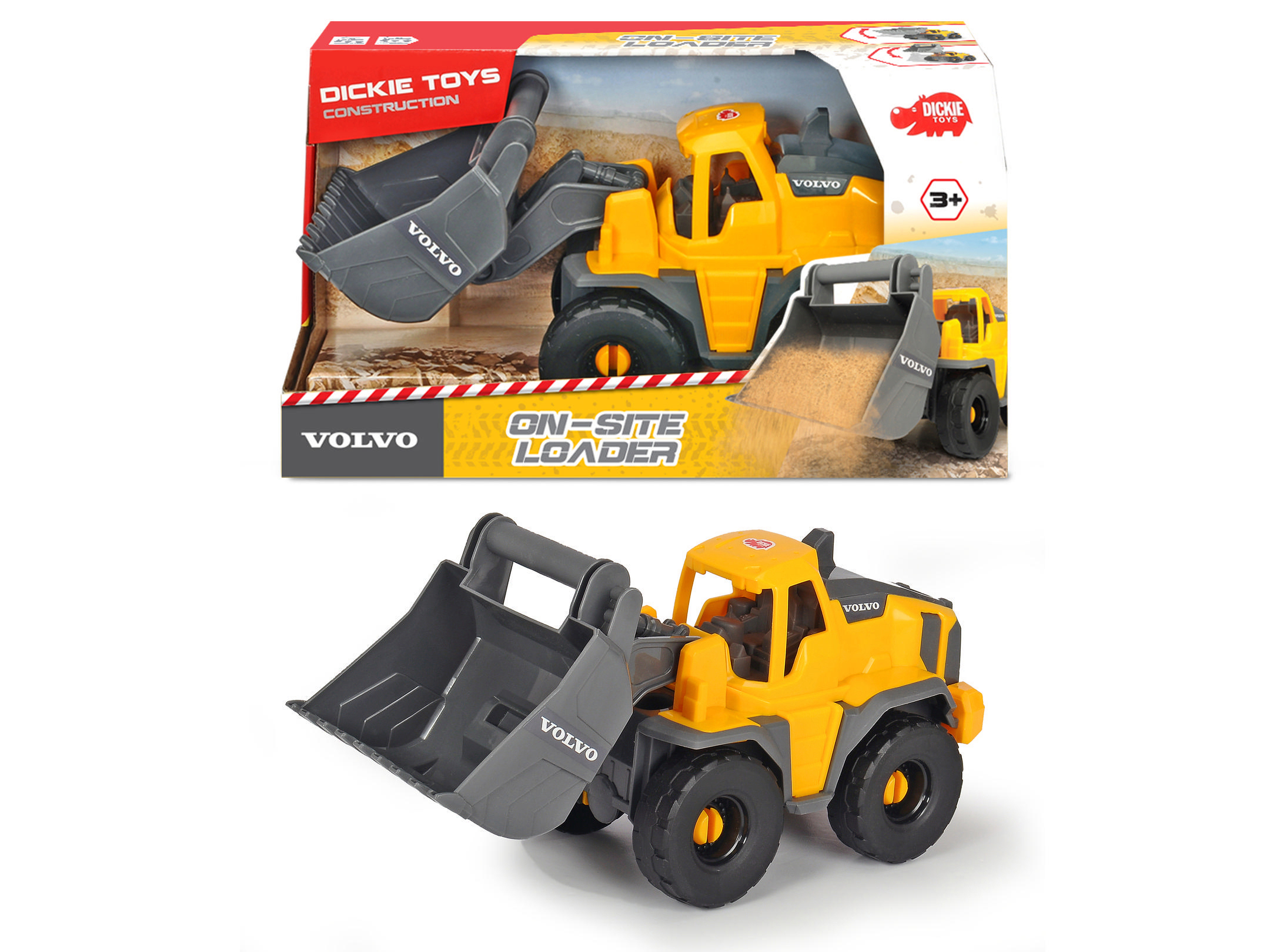 Spielzeug Volvo On-Site Loader in seiner Box. Der Lader ist gelb und grau, mit schwarzen Rädern.