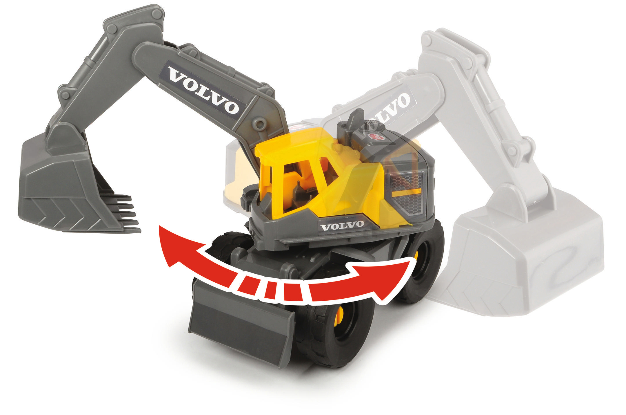 DICKIE-TOYS Volvo On-site Excavator, Gelb/Grau Freilauf, Länge: Spielzeugbagger mit Spielzeugauto 26 cm