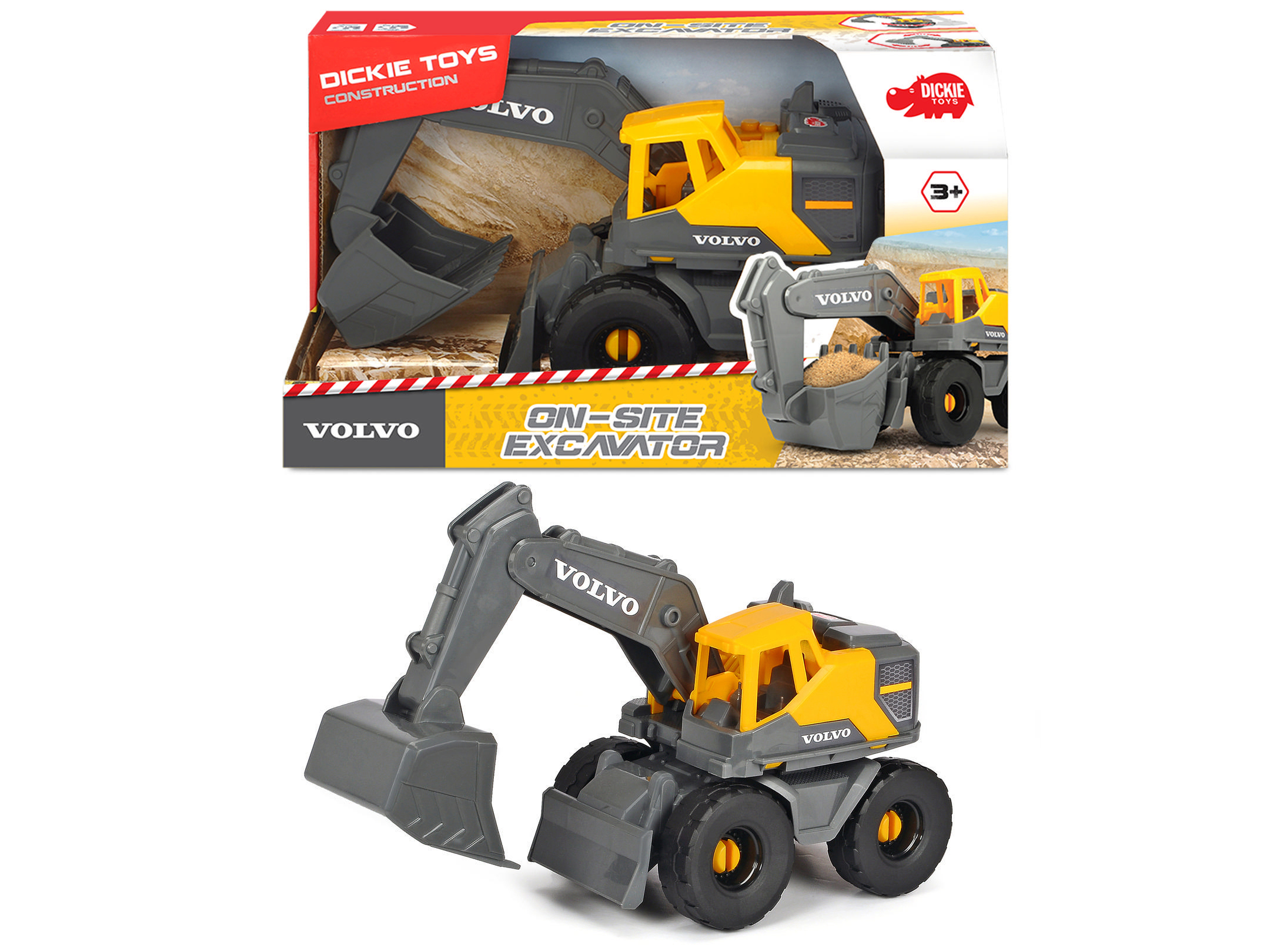 DICKIE-TOYS Volvo On-site Excavator, Spielzeugbagger Freilauf, Gelb/Grau cm mit Länge: Spielzeugauto 26