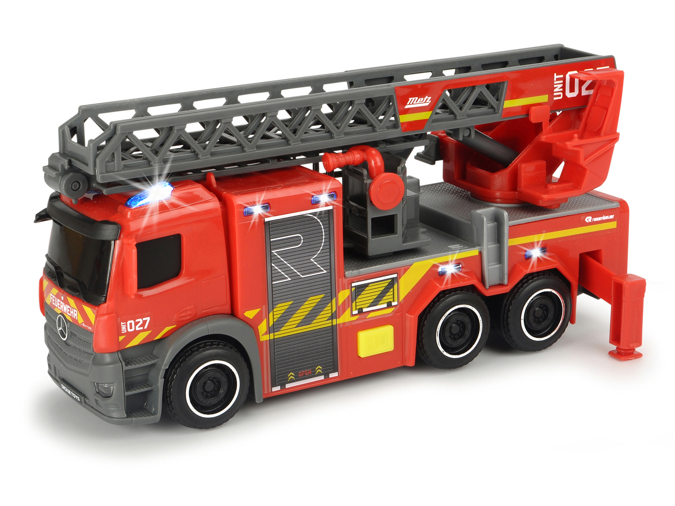 Ein rotes Spielzeugfeuerwehrfahrzeug mit einer grauen Leiter. Es hat schwarze Reifen und Blinklichter. Das Wort "Feuerwehr" ist sichtbar.