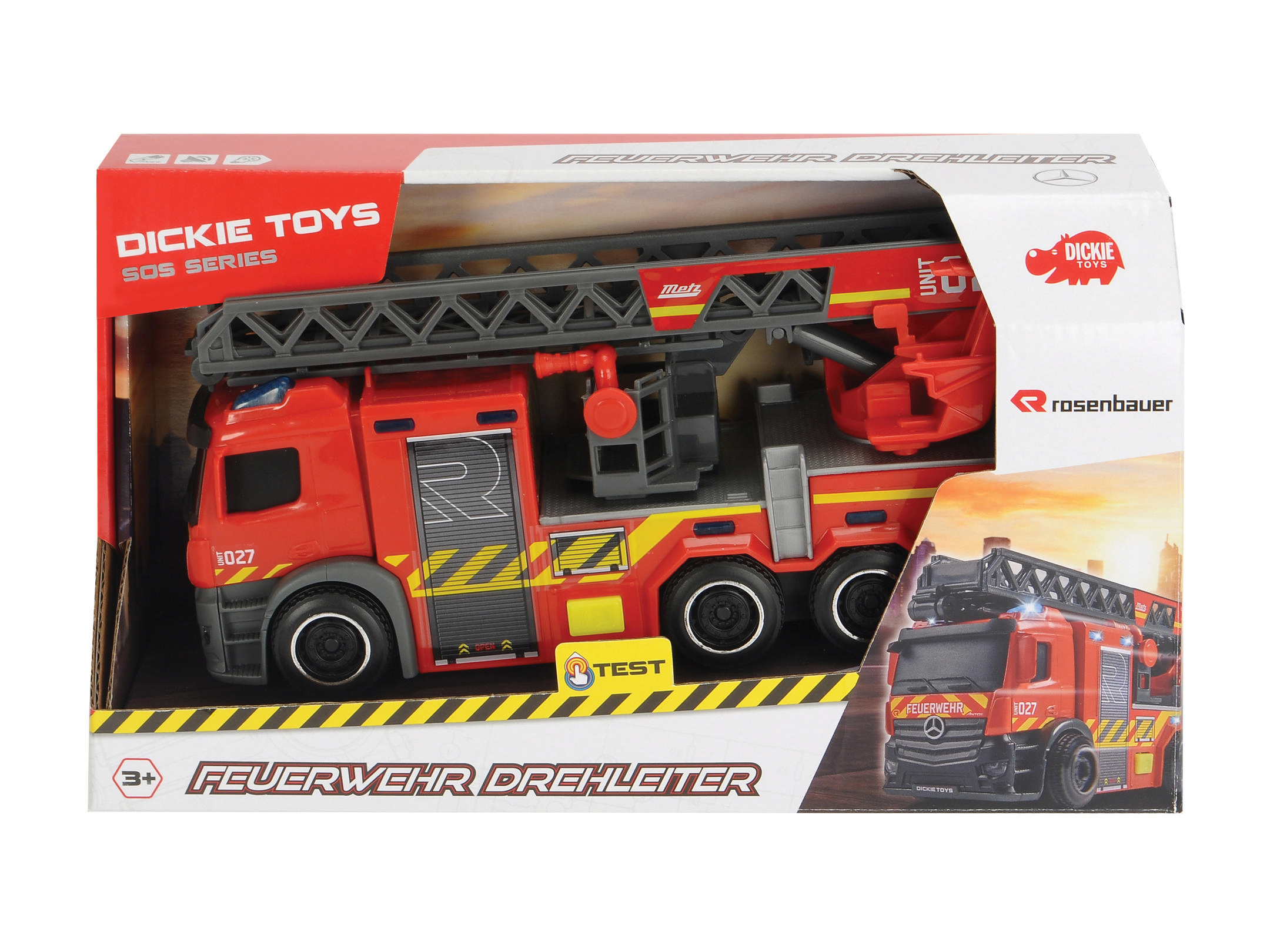 Ein roter Spielzeug-Feuerwehrwagen in der Verpackung. Er hat eine Leiter, Lichter und die Aufschrift 'Dickie Toys'.