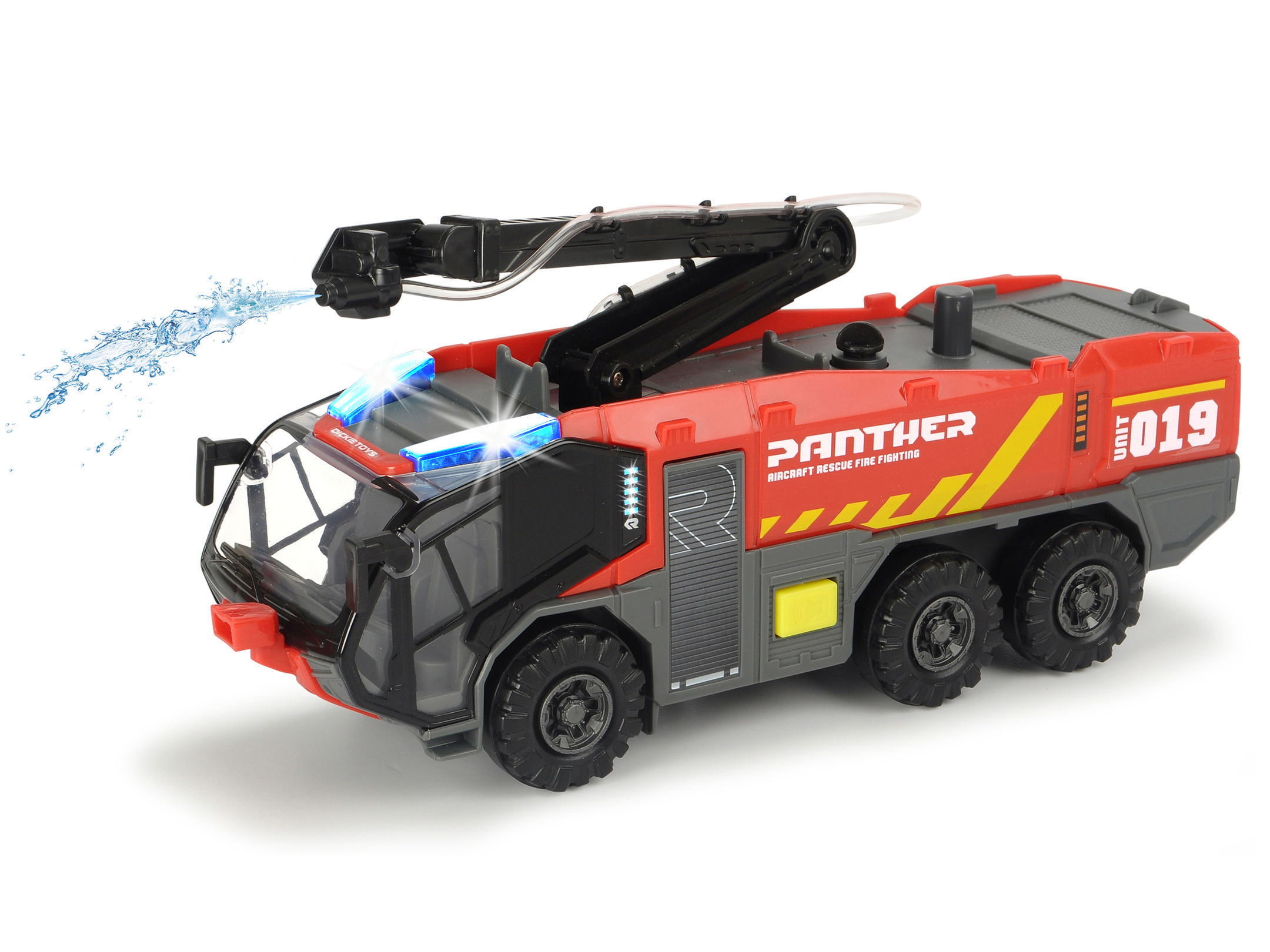 DICKIE-TOYS Flughafenfeuerwehr, Spielzeugtruck mit Freilauf, cm Länge: 24 mit beweglicher Rot Spielzeugauto Löscharm Wasserspritzfunktion