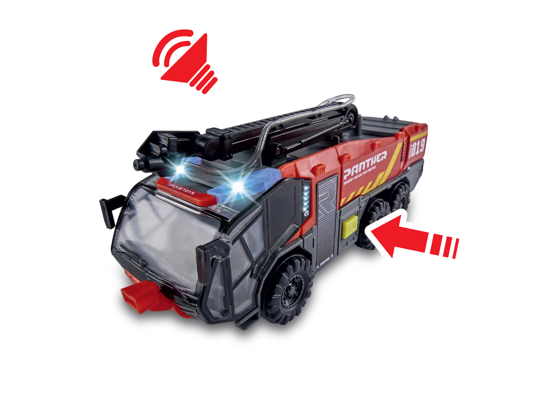 DICKIE-TOYS Flughafenfeuerwehr, mit mit Länge: Löscharm Rot Spielzeugtruck Spielzeugauto Wasserspritzfunktion, beweglicher cm 24 Freilauf