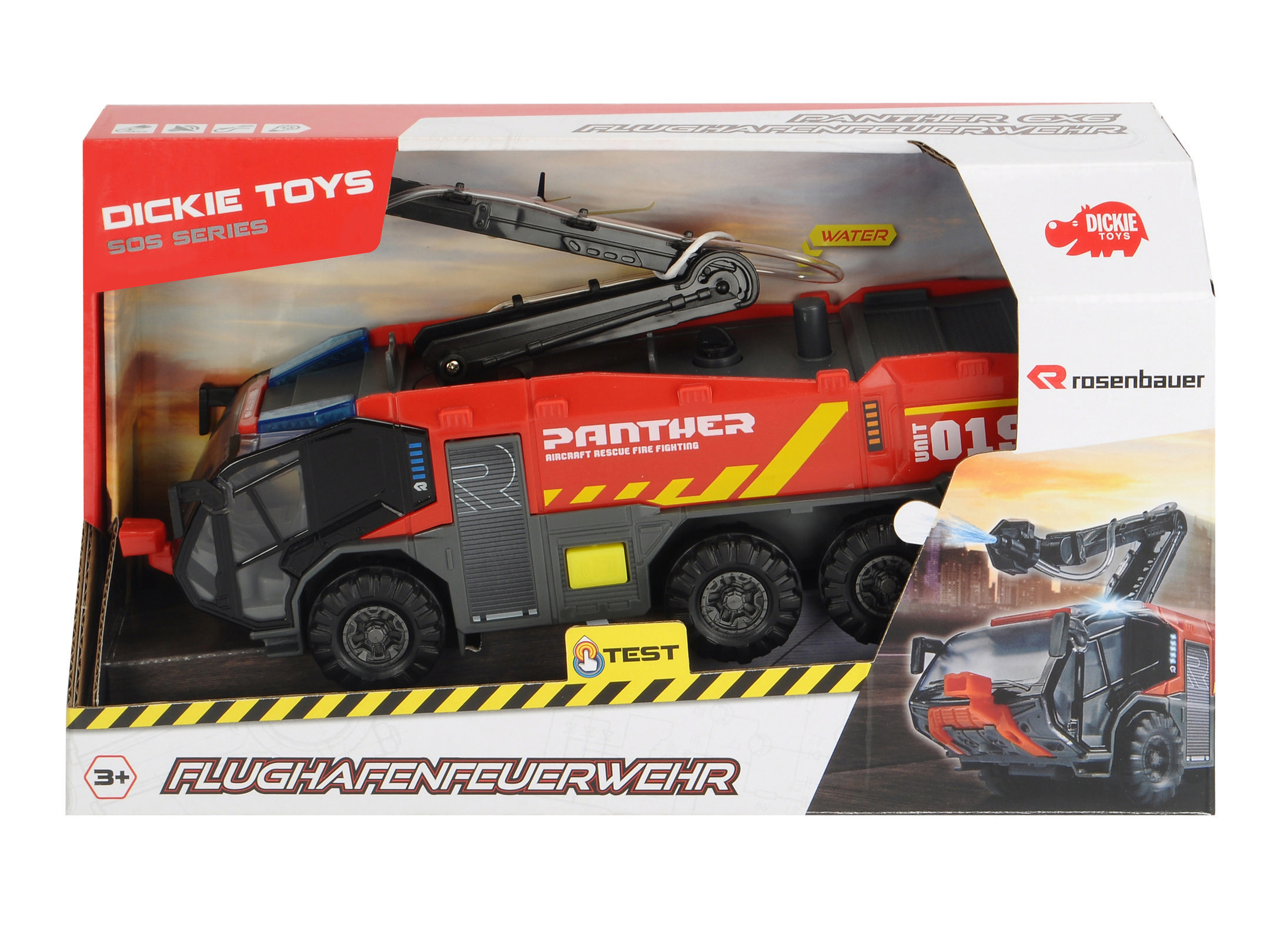 DICKIE-TOYS Flughafenfeuerwehr, Spielzeugtruck mit Freilauf, cm Länge: 24 mit beweglicher Rot Spielzeugauto Löscharm Wasserspritzfunktion