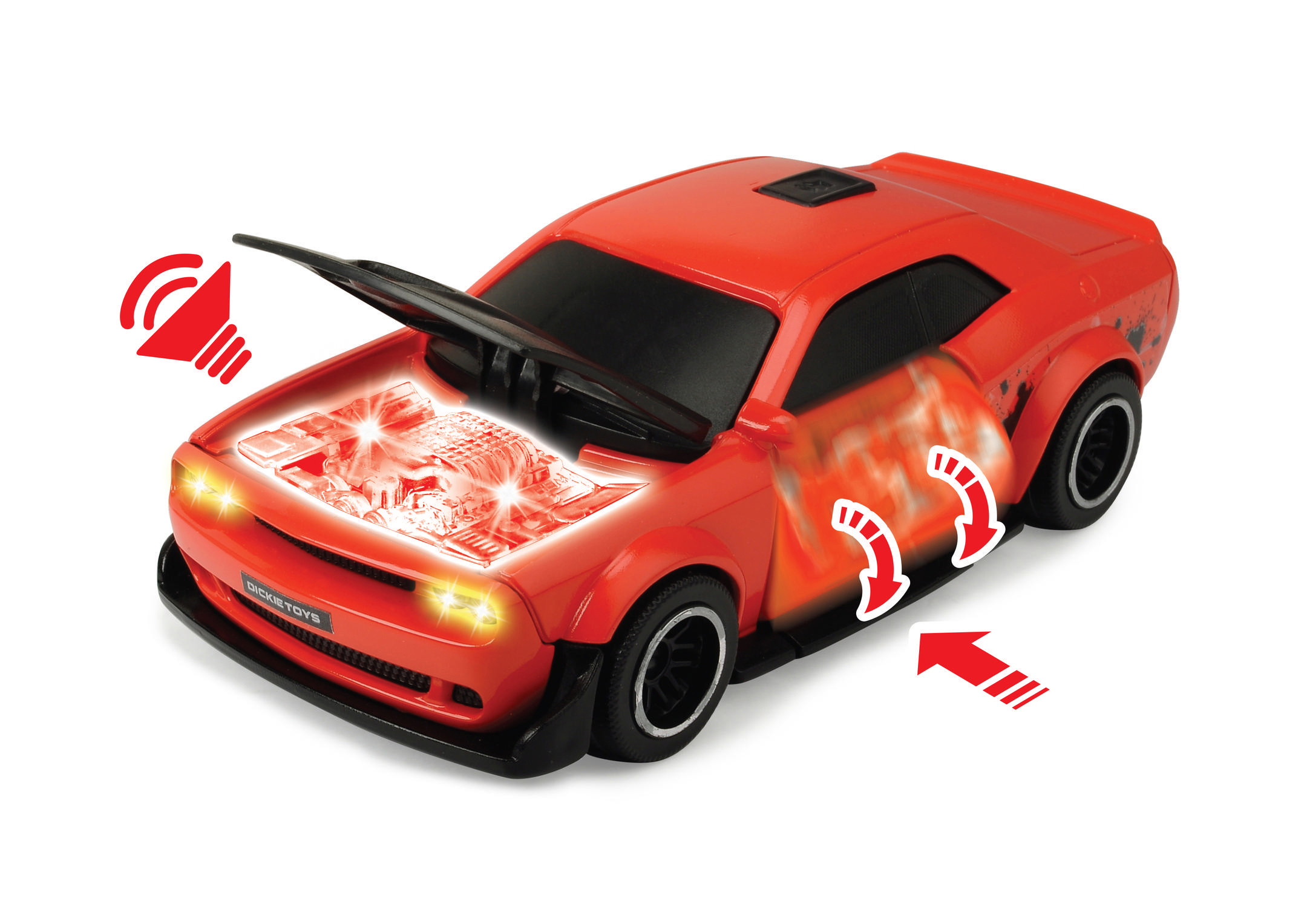 DICKIE-TOYS Dodge Challenger SRT Hellcat, Spielzeugauto Freilauf, Rot/Grün mit Spielzeugauto sortiert 2-fach