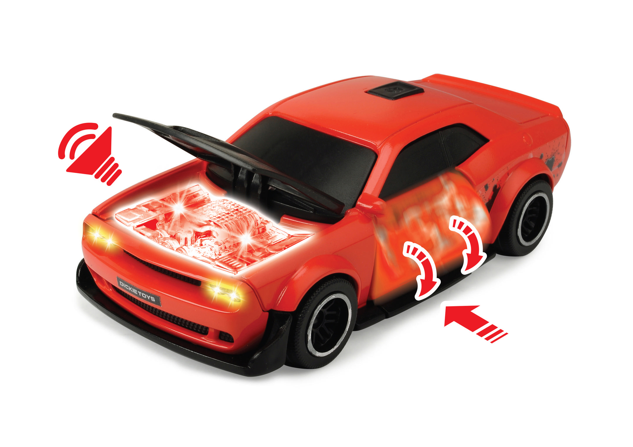 Rotes Spielzeugauto mit geöffneter Motorhaube, das Motordetails zeigt. Pfeile weisen auf Bewegung und Ton hin. Lichter sind an. Weißer Hintergrund.