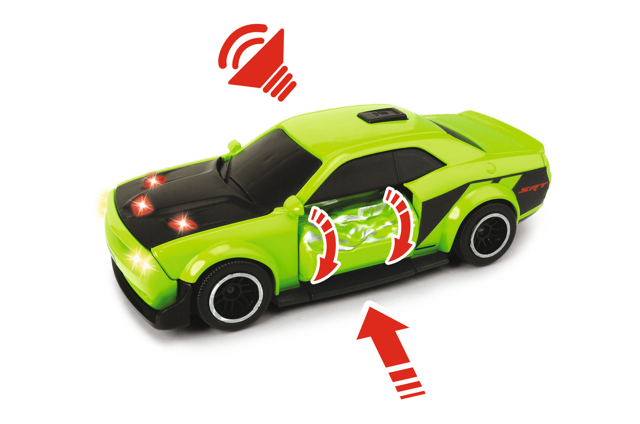 Ein grünes Spielzeugauto mit schwarzen Akzenten, roten Pfeilen und einem Tonsymbol. Die Motorhaube des Autos ist schwarz. Lichter leuchten.
