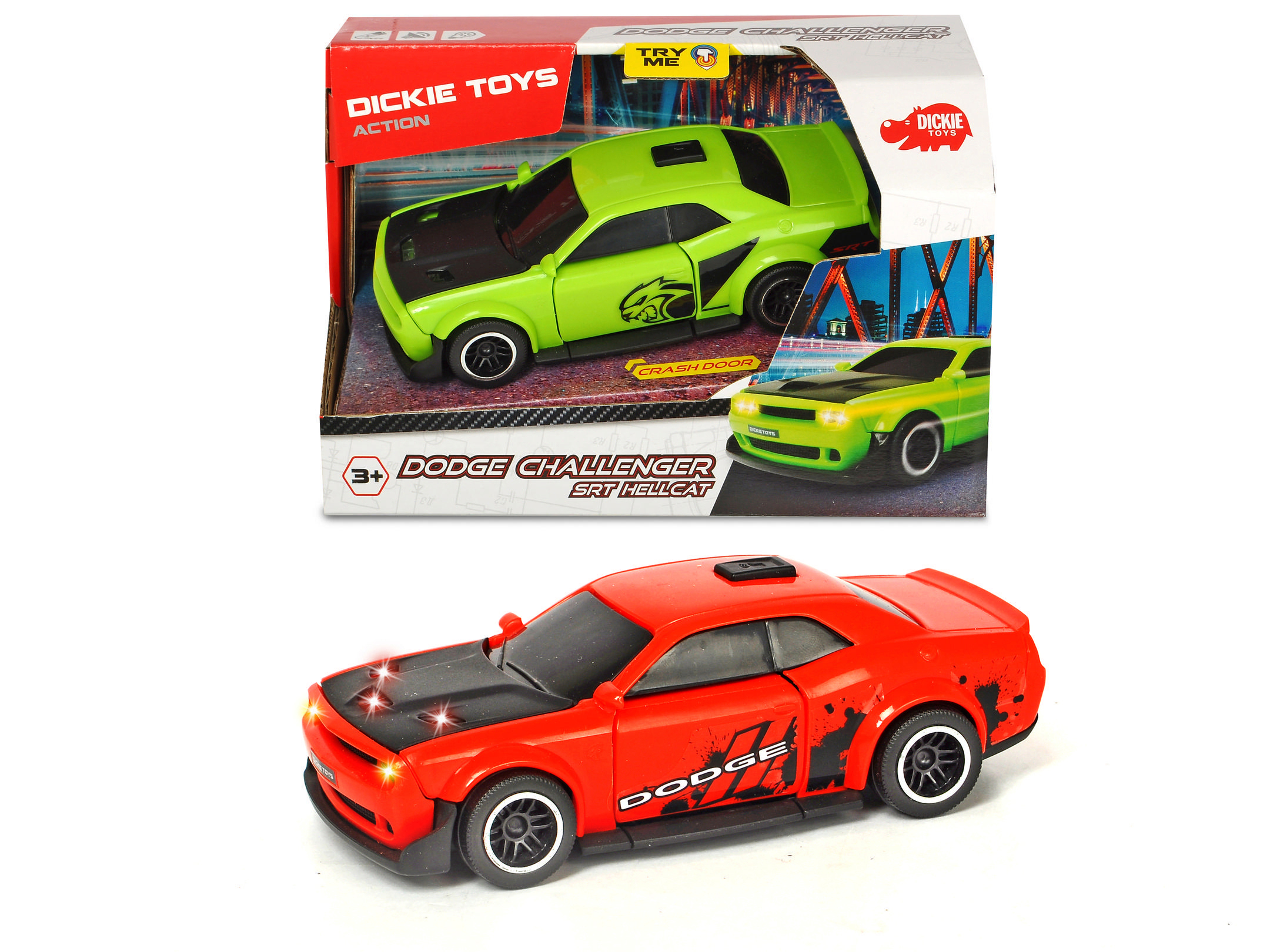 DICKIE-TOYS Dodge mit Spielzeugauto sortiert Freilauf, Challenger Spielzeugauto Hellcat, SRT 2-fach Rot/Grün