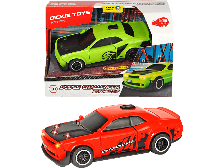 DICKIE-TOYS Dodge Challenger SRT Hellcat, Spielzeugauto Freilauf, Rot/Grün mit Spielzeugauto sortiert 2-fach