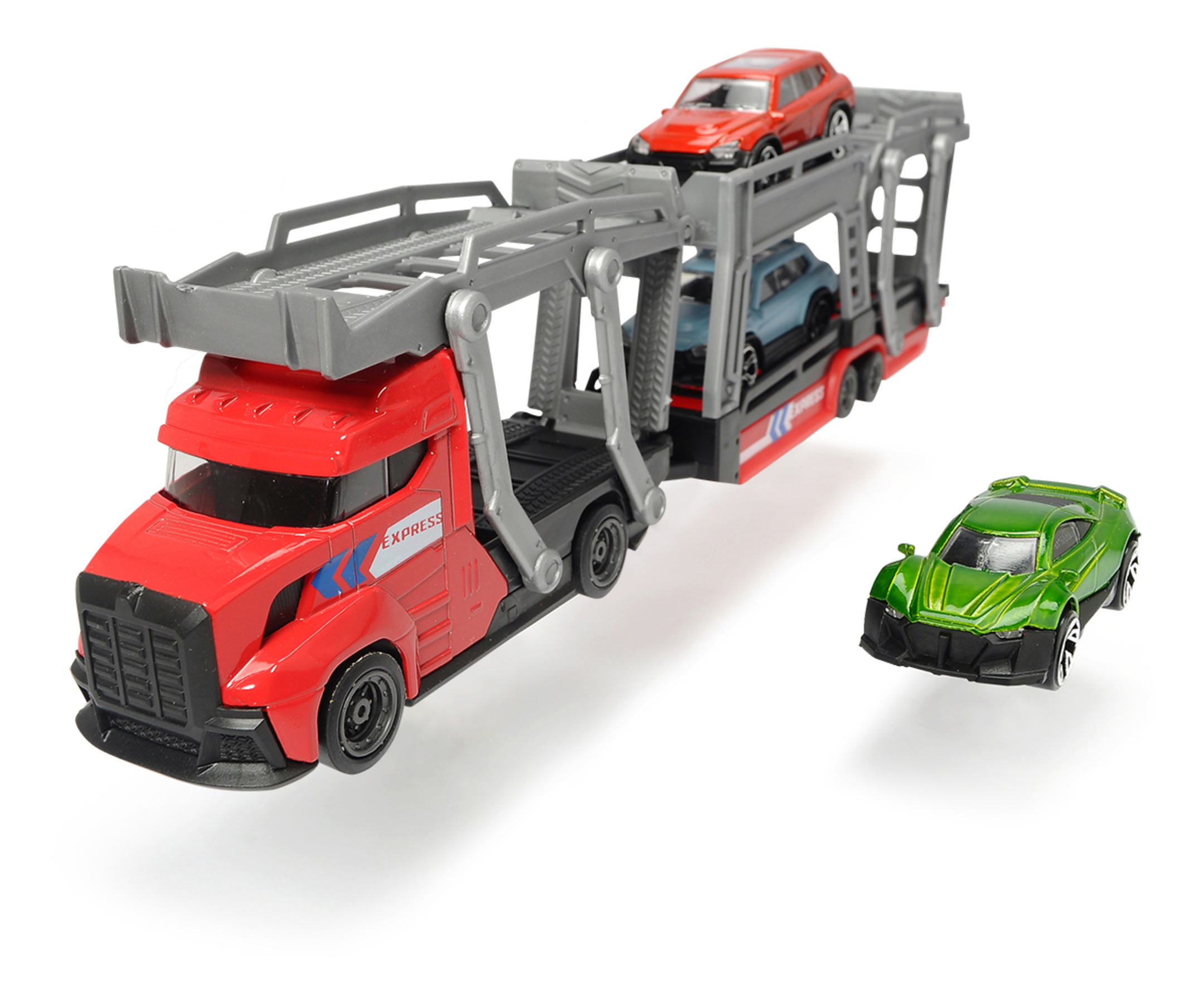 Spielzeug-Autotransporter mit roten und blauen Autos, daneben ein grünes Auto.