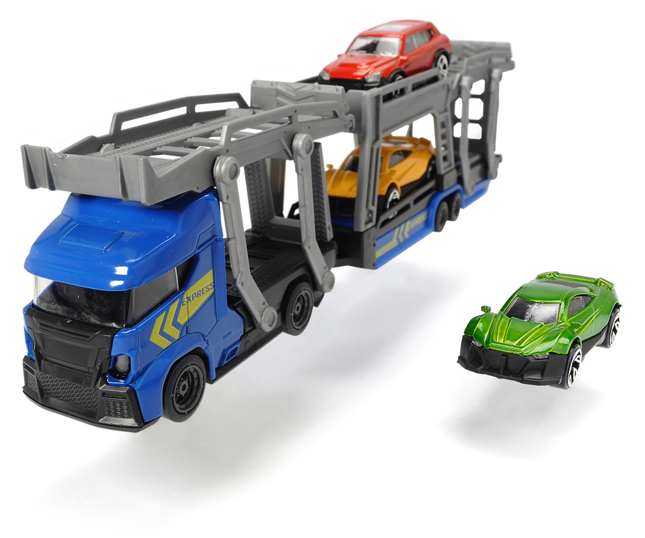 Spielzeug-Autotransporter mit drei Spielzeugautos, eines davon abgetrennt.