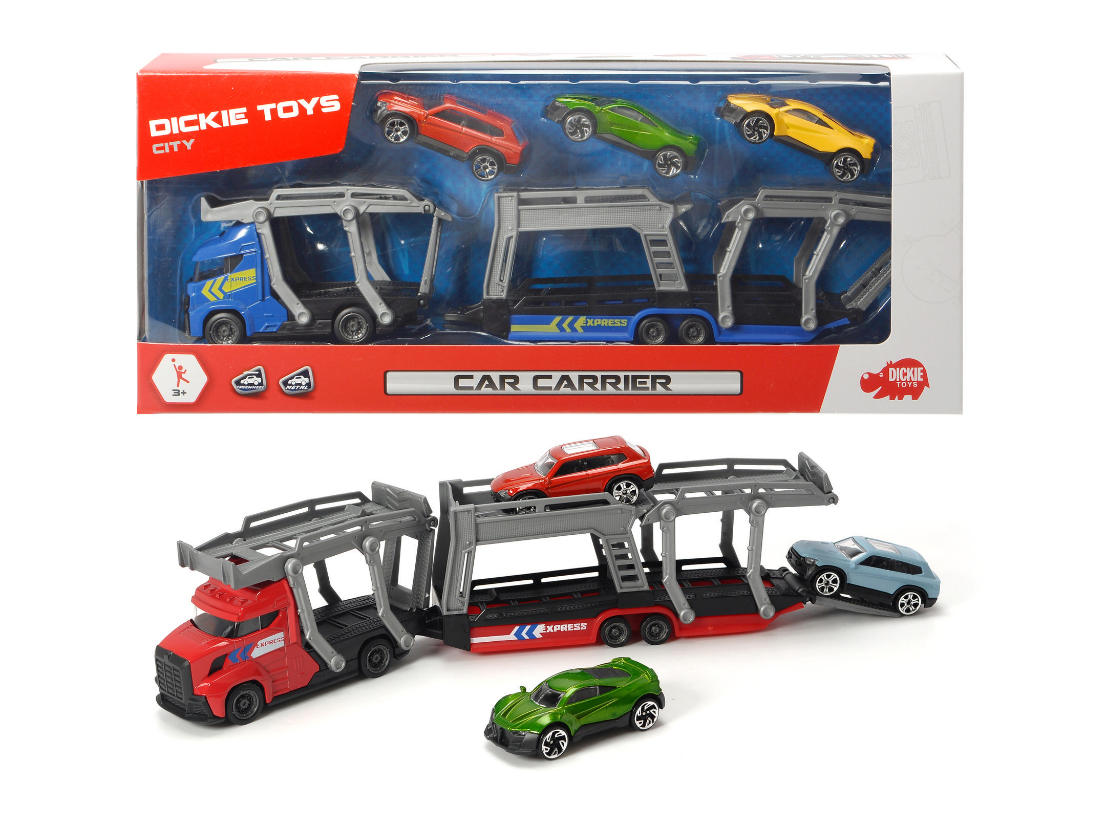 Ein Spielzeug-Autotransporter mit mehreren Spielzeugautos darauf, plus ein Box-Set. Die Farbe der Autos ist rot, grün und blau.