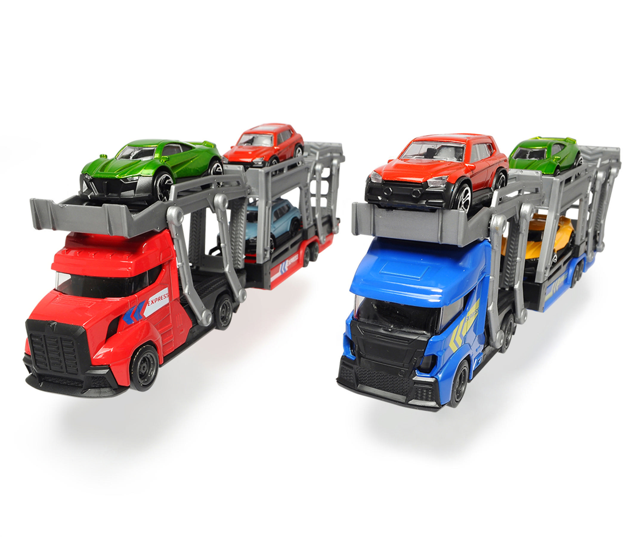 Zwei Spielzeug-Autotransporter. Einer ist rot und der andere blau, jeweils mit mehreren Autos auf der oberen Etage.