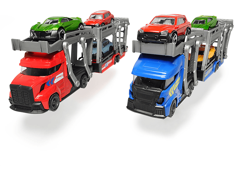 DICKIE-TOYS Car Carrier, Autotransporter für 3 PKW\'s, inkl. 3 Die-cast Autos mit Freilauf,  2-fach sortiert Spielzeugauto Mehrfarbig