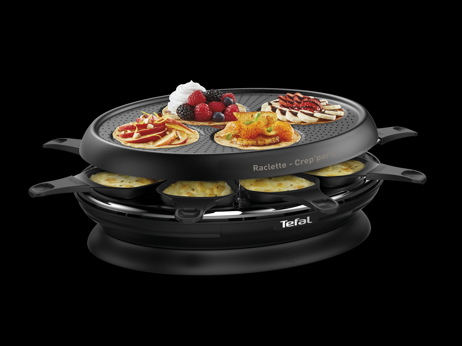 Un appareil noir pour raclette et crêpes avec de la nourriture.