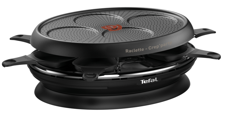 Un grill Tefal Raclette-Crep' party noir et argent est présenté, avec de nombreuses petites poêles et une plaque de cuisson.