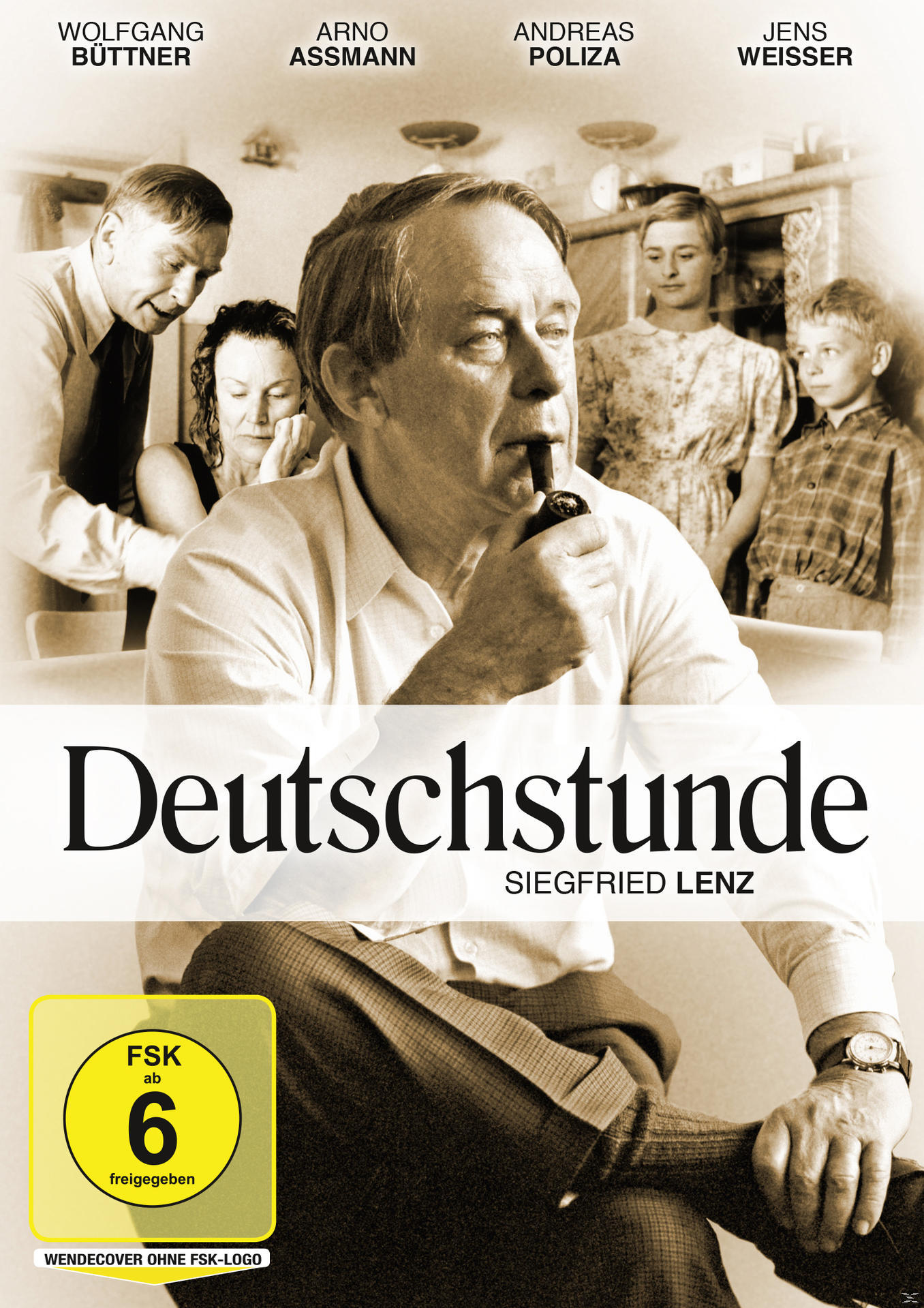 Schwarzweiß-Filmposter. Mann im weißen Hemd raucht Pfeife, Menschen dahinter.