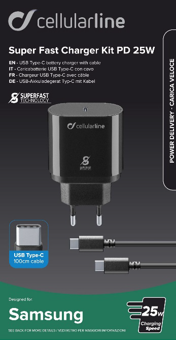 Cellularline Super Fast Charger Kit PD 25W, schwarzes Ladegerät und Kabel auf weißem Grund.