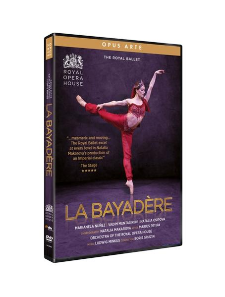 DVD-Cover für das Ballett La Bayadère. Ballerina in rotem Kostüm. Royal Opera House Logo.